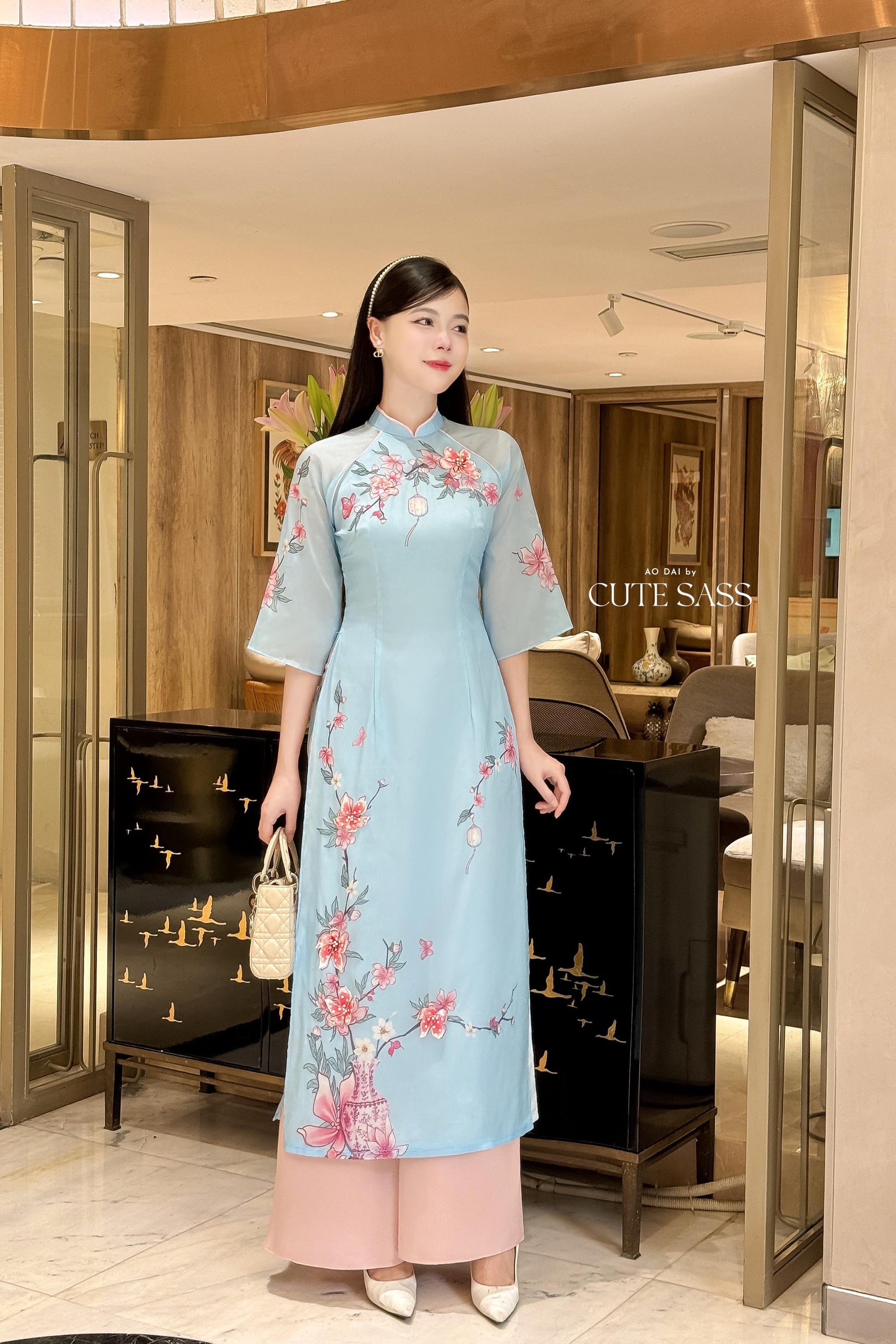 Huyen Mi - Blue Branches Ao Dai Set 20C|Pre-made Traditional Vietnamese Women Ao Dai with Pants | Lunar New Year|Ao Dai Cach Tan