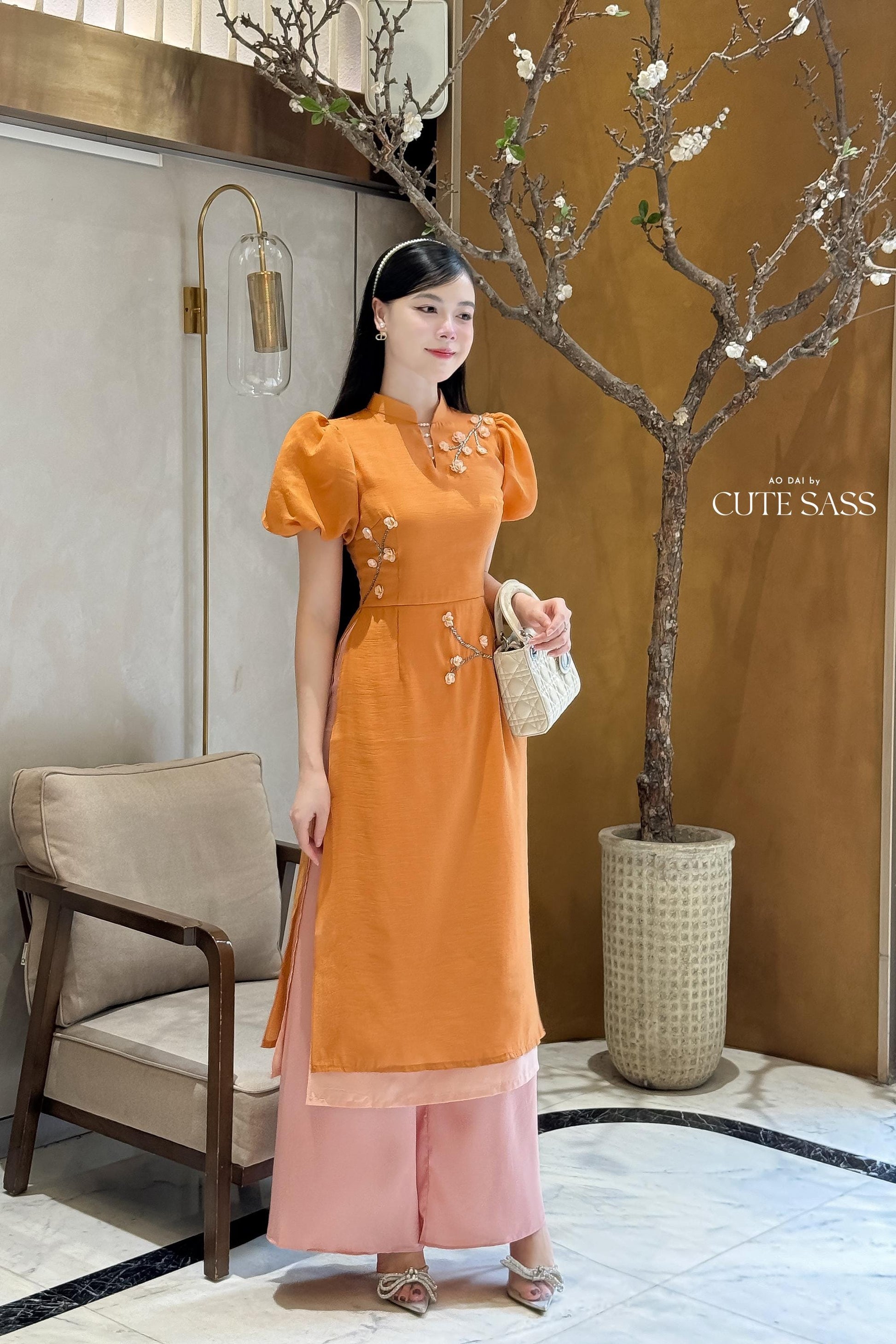 Huyen Mi - Burnt Orange Puffy Sleeves Ao Dai Set|Pre-made Traditional Vietnamese Women Ao Dai with Pants | Lunar New Year|Ao Dai Cach Tan