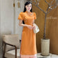 Huyen Mi - Burnt Orange Puffy Sleeves Ao Dai Set|Pre-made Traditional Vietnamese Women Ao Dai with Pants | Lunar New Year|Ao Dai Cach Tan