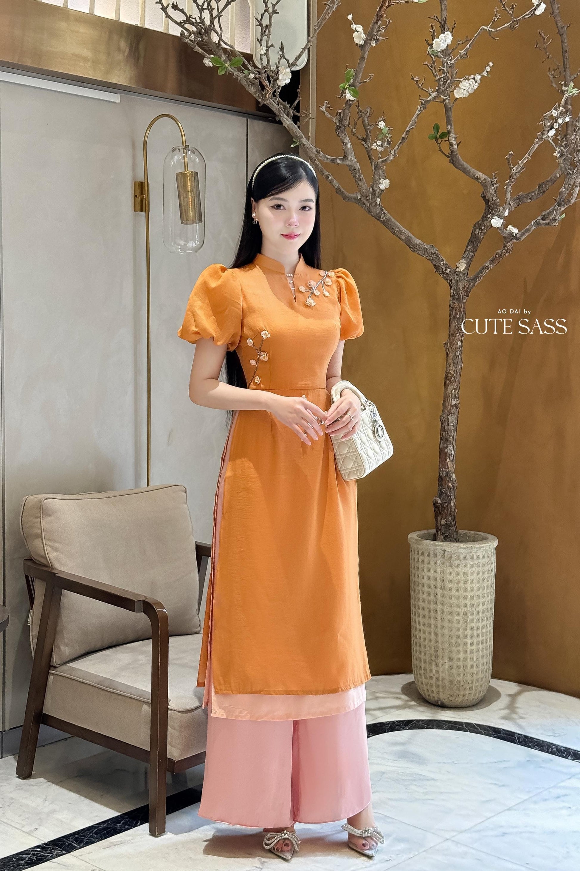 Huyen Mi - Burnt Orange Puffy Sleeves Ao Dai Set|Pre-made Traditional Vietnamese Women Ao Dai with Pants | Lunar New Year|Ao Dai Cach Tan