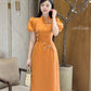 Huyen Mi - Burnt Orange Puffy Sleeves Ao Dai Set|Pre-made Traditional Vietnamese Women Ao Dai with Pants | Lunar New Year|Ao Dai Cach Tan