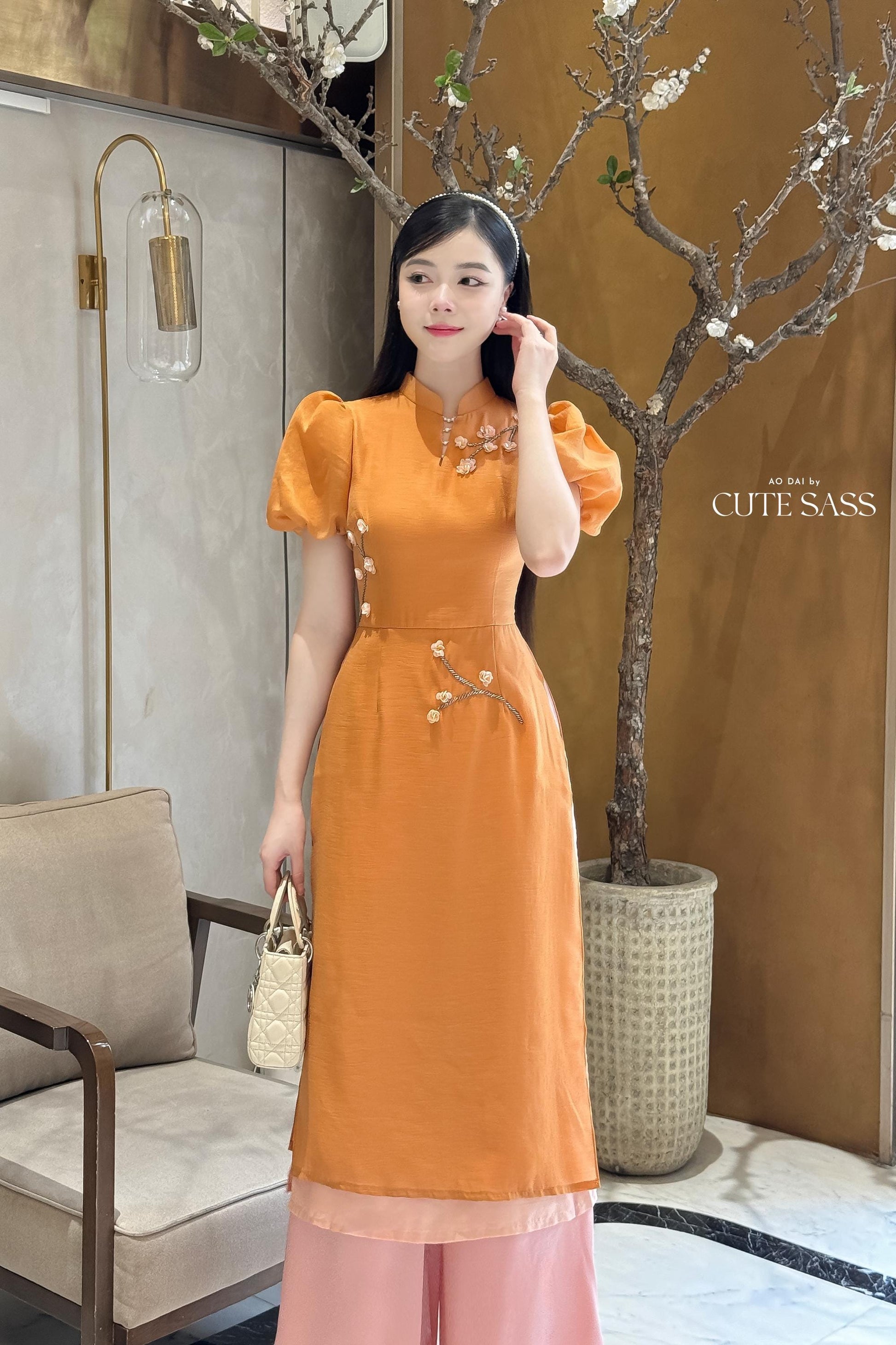 Huyen Mi - Burnt Orange Puffy Sleeves Ao Dai Set|Pre-made Traditional Vietnamese Women Ao Dai with Pants | Lunar New Year|Ao Dai Cach Tan