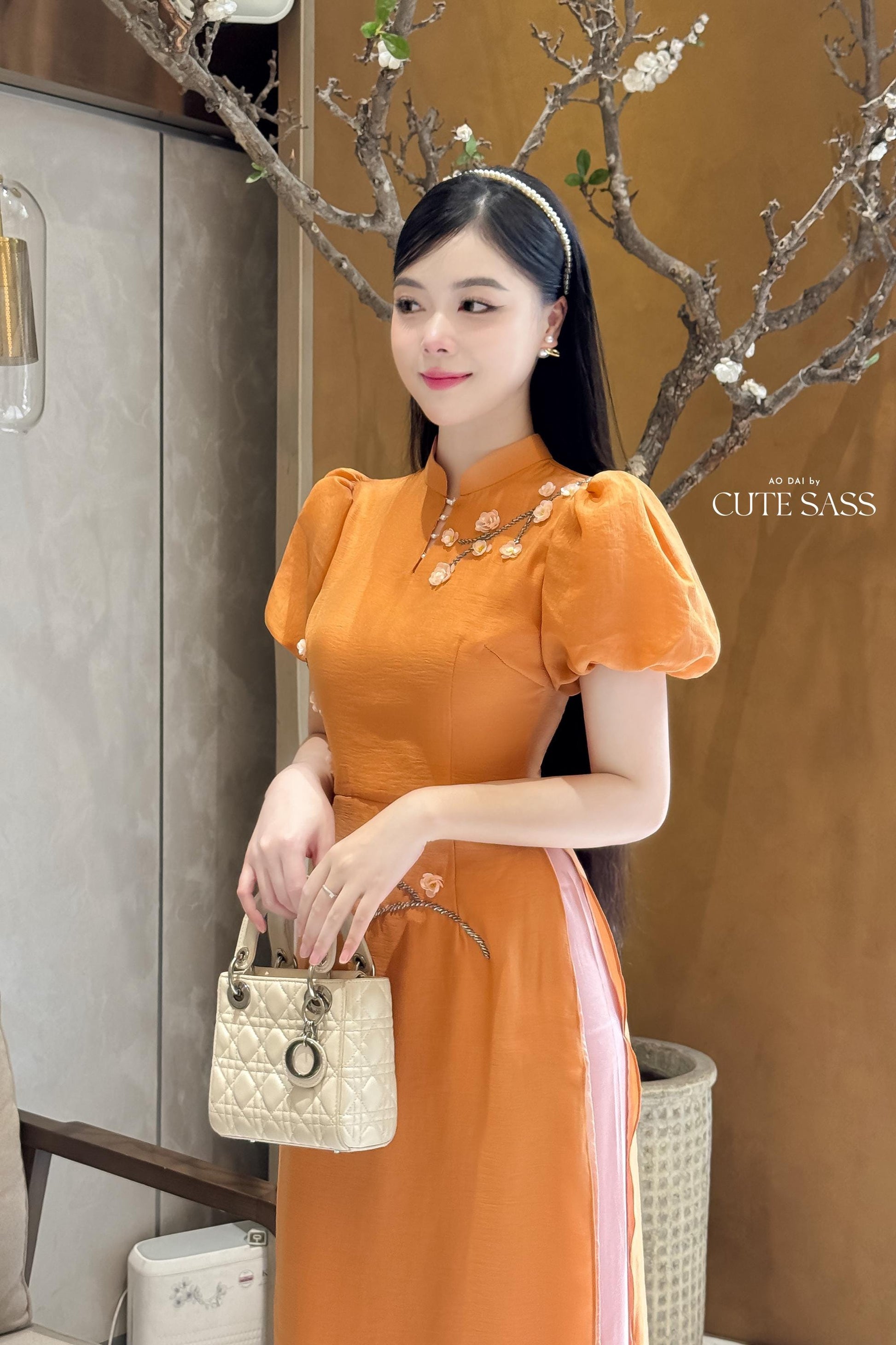 Huyen Mi - Burnt Orange Puffy Sleeves Ao Dai Set|Pre-made Traditional Vietnamese Women Ao Dai with Pants | Lunar New Year|Ao Dai Cach Tan