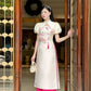 Huyen Mi - Cream Cut Out Puffy Sleeves Ao Dai Set|Pre-made Traditional Vietnamese Women Ao Dai with Pants | Lunar New Year|Ao Dai Cach Tan