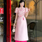 Huyen Mi - Pink Cut Out Puffy Sleeves Ao Dai Set|Pre-made Traditional Vietnamese Women Ao Dai with Pants | Lunar New Year|Ao Dai Cach Tan