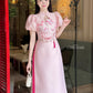 Huyen Mi - Pink Cut Out Puffy Sleeves Ao Dai Set|Pre-made Traditional Vietnamese Women Ao Dai with Pants | Lunar New Year|Ao Dai Cach Tan