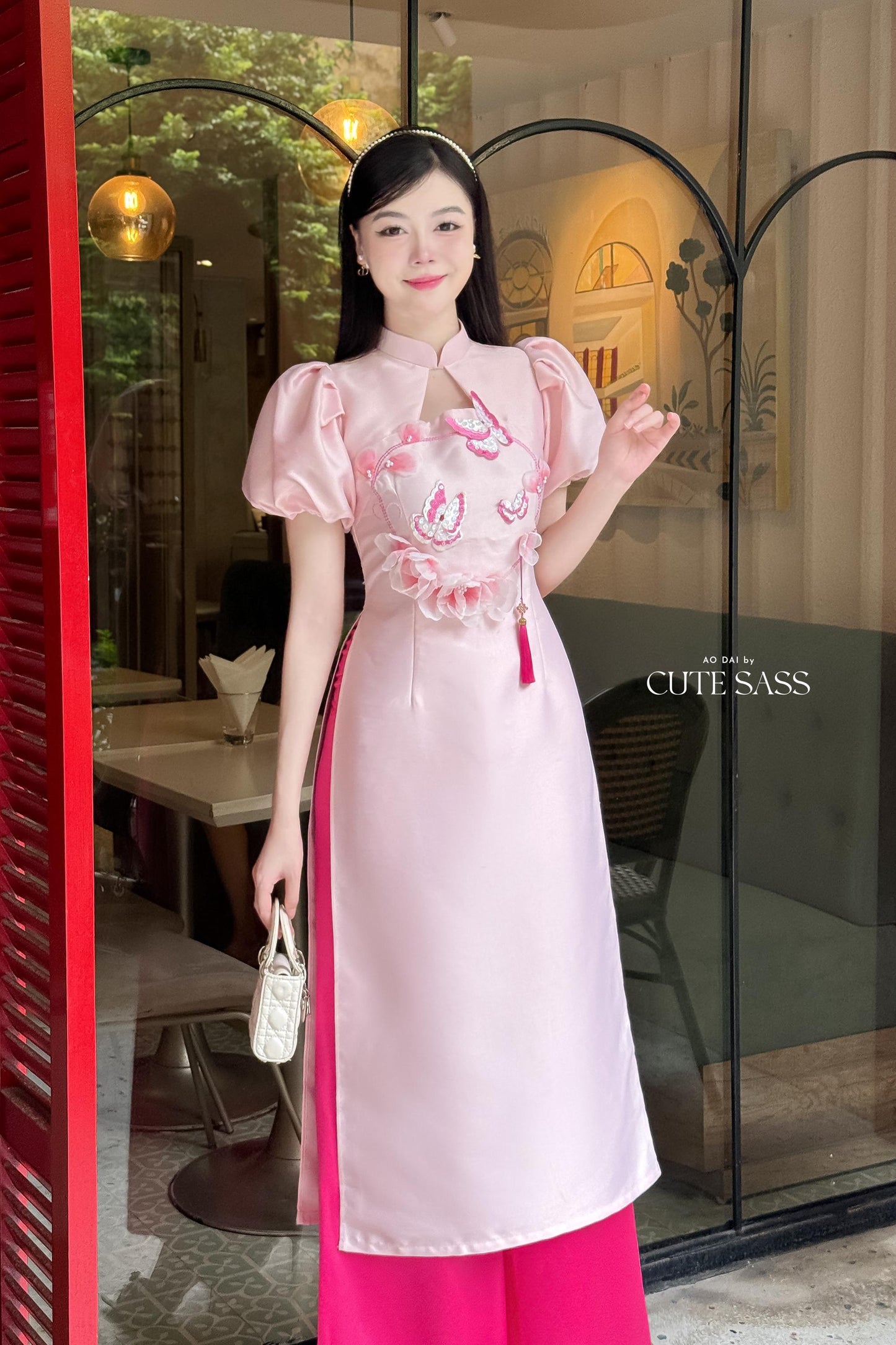 Huyen Mi - Pink Cut Out Puffy Sleeves Ao Dai Set|Pre-made Traditional Vietnamese Women Ao Dai with Pants | Lunar New Year|Ao Dai Cach Tan