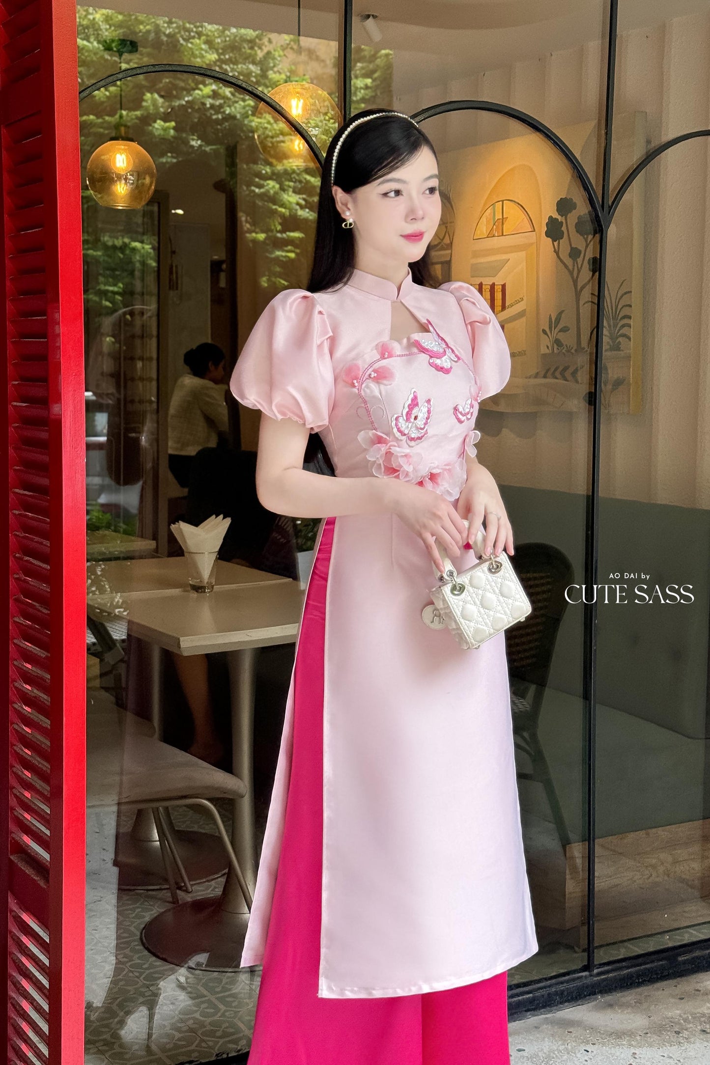 Huyen Mi - Pink Cut Out Puffy Sleeves Ao Dai Set|Pre-made Traditional Vietnamese Women Ao Dai with Pants | Lunar New Year|Ao Dai Cach Tan