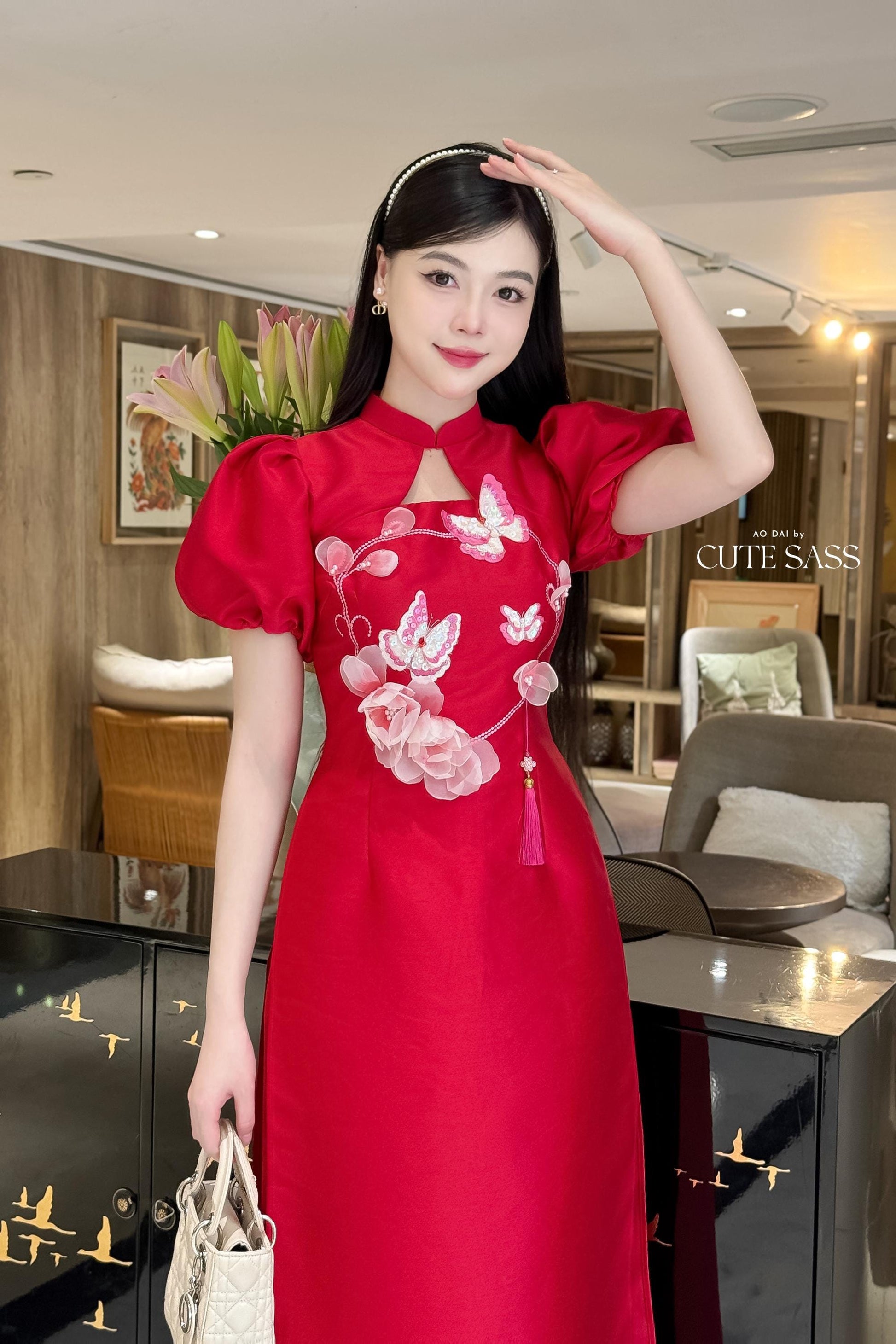 Huyen Mi - Red Cut Out Puffy Sleeves Ao Dai Set 20C|Pre-made Traditional Vietnamese Women Ao Dai with Pants | Lunar New Year|Ao Dai Cach Tan