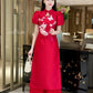 Huyen Mi - Red Cut Out Puffy Sleeves Ao Dai Set 20C|Pre-made Traditional Vietnamese Women Ao Dai with Pants | Lunar New Year|Ao Dai Cach Tan