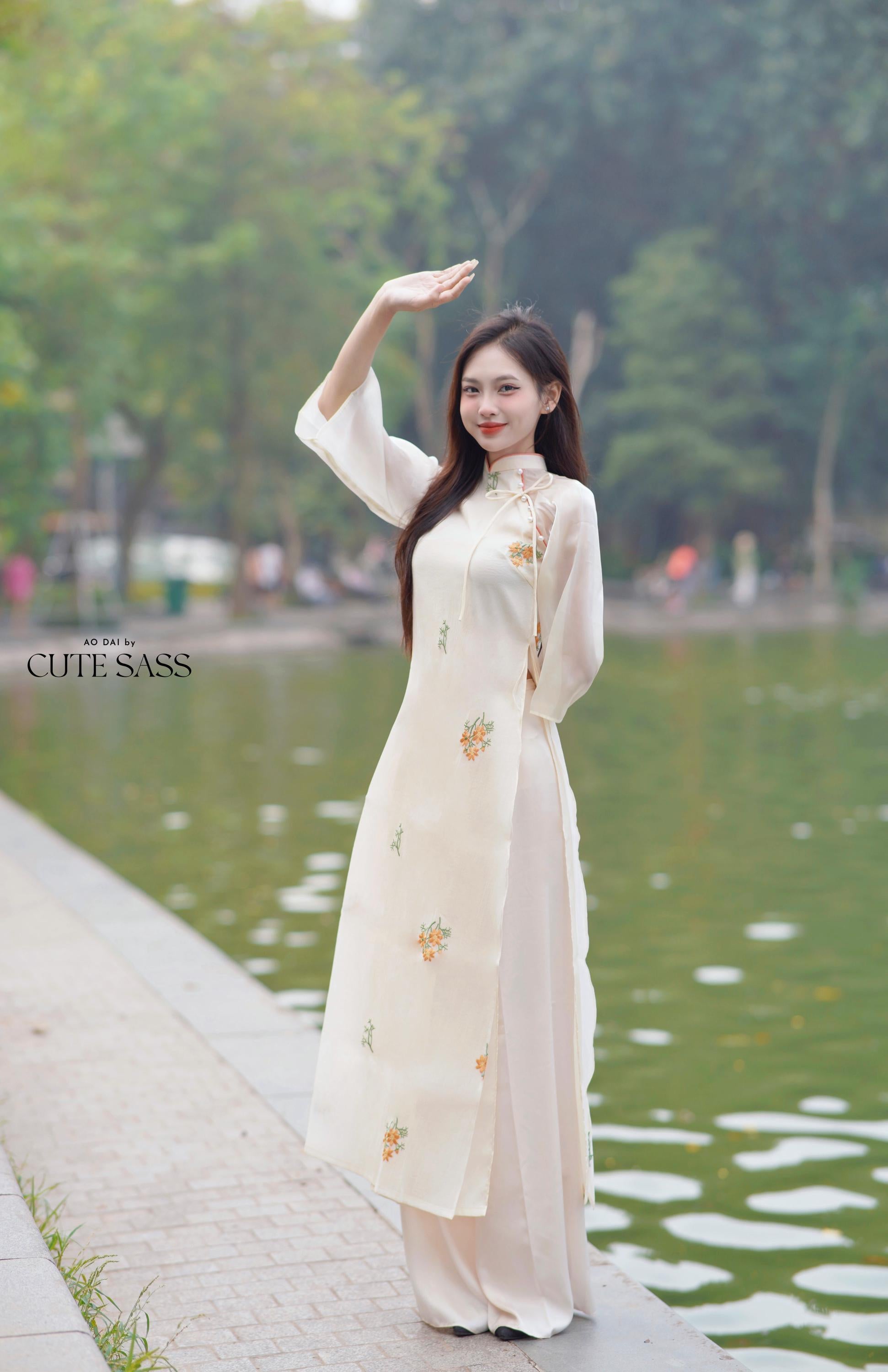 Shifted Beige/Coral Bow Ao Dai Set |Pre-made Modernized Vietnamese Ao Dai| Women Ao Dai with Pants | Lunar New Year| Ao Dai Cach Tan|27C