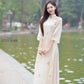 Shifted Beige/Coral Bow Ao Dai Set |Pre-made Modernized Vietnamese Ao Dai| Women Ao Dai with Pants | Lunar New Year| Ao Dai Cach Tan|27C