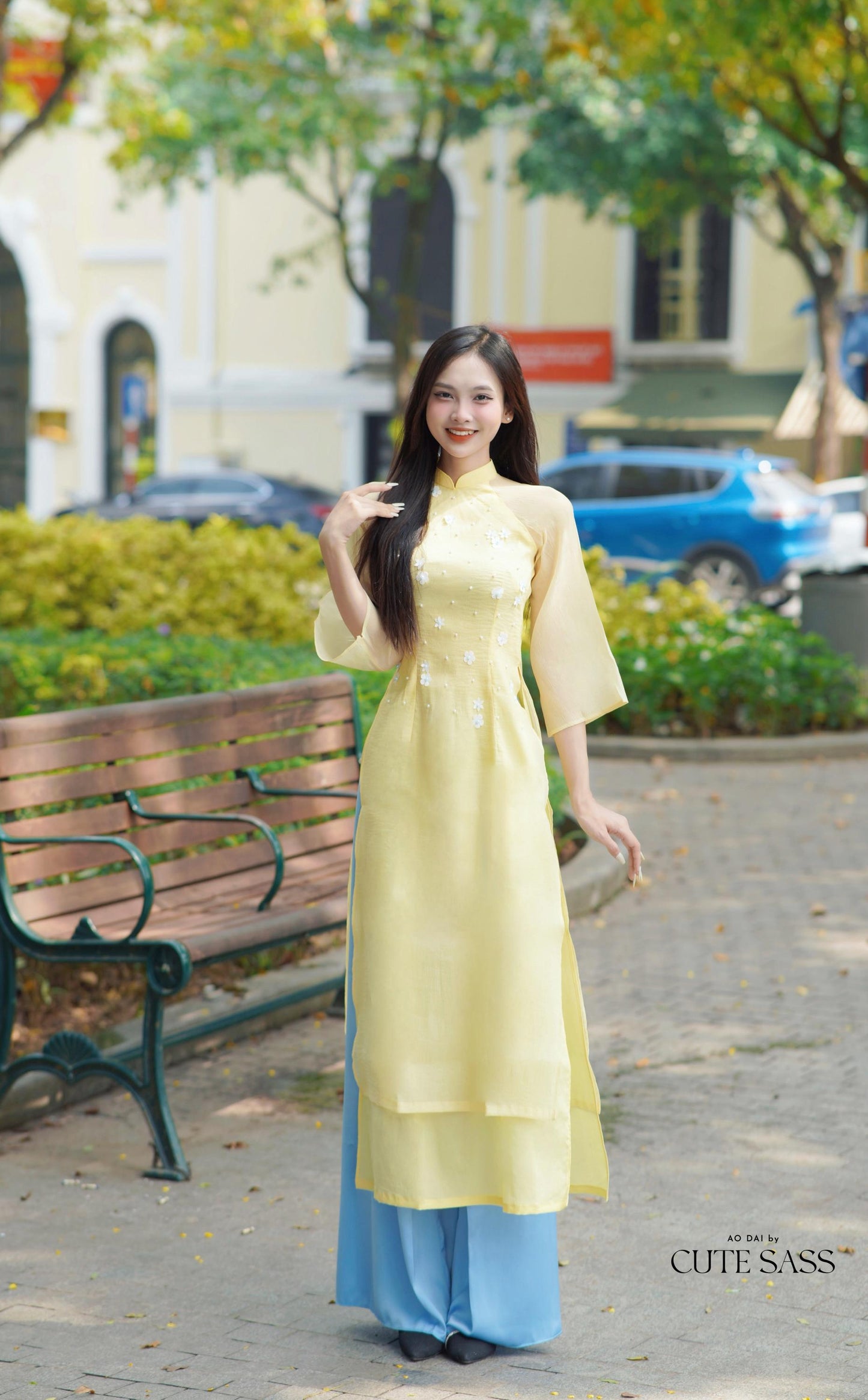 Yellow Sparkle Daisy Ao Dai Set 26C|Pre-made Modernized Vietnamese Ao Dai| Ao Dai with Pants | Lunar New Year| Ao Dai Truyen Thong|26C