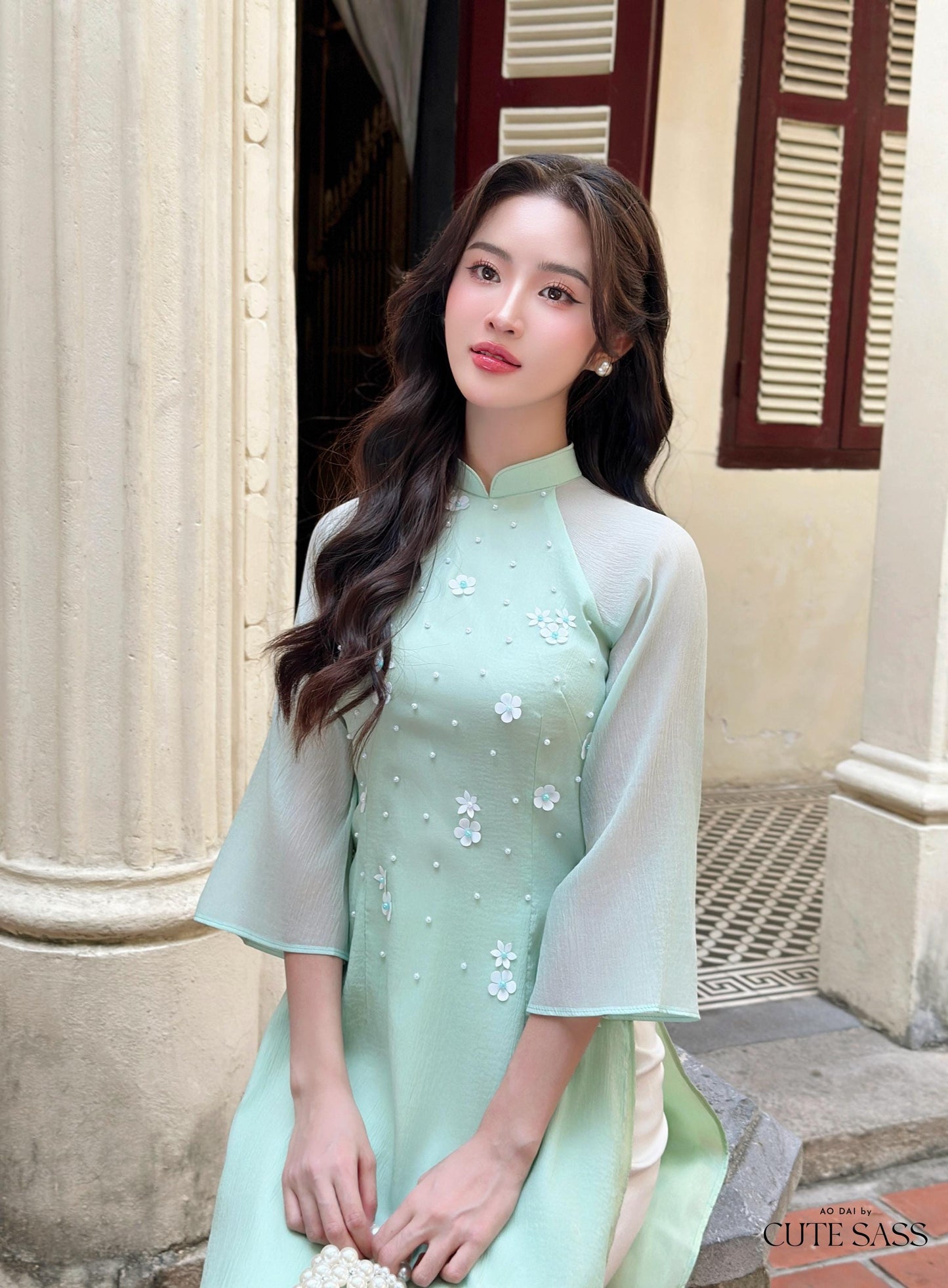 Cyan Sparkle White Daisy Ao Dai Set 17B