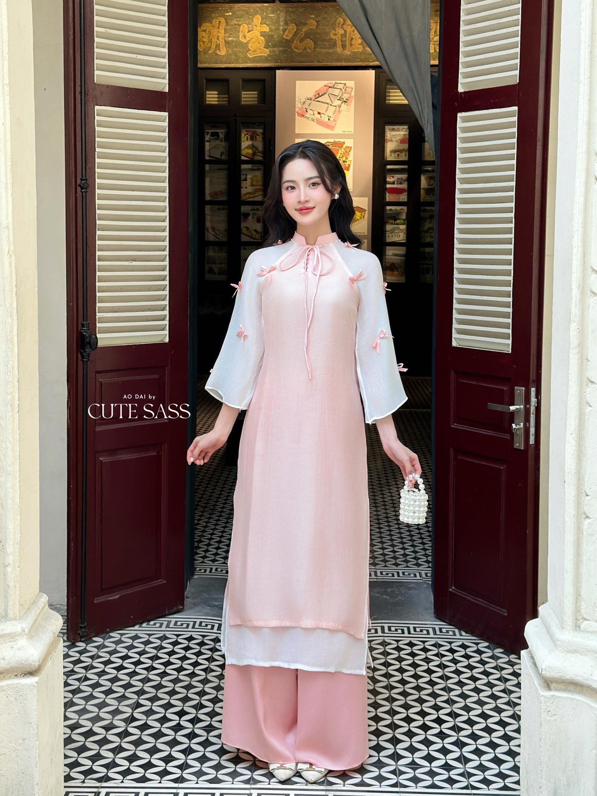 Shifted Pink Sleeves Bow Ao Dai Set 40B|Pre-made Modernized Vietnamese Ao Dai| Women Ao Dai with Pants | Lunar New Year| Ao Dai Cach Tan