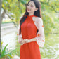 Shifted Red Sleeves Bow Ao Dai Set 40B|Pre-made Modernized Vietnamese Ao Dai| Women Ao Dai with Pants | Lunar New Year| Ao Dai Cach Tan