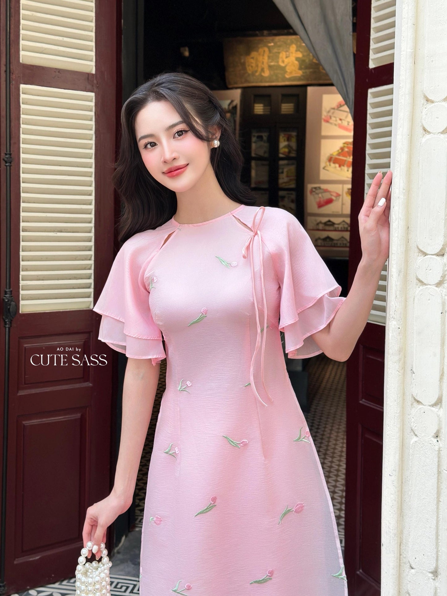 Pink Tulip Wing Sleeves Ao Dai Set 27C|Pre-made Modernized Vietnamese Ao Dai| Women Ao Dai with Pants | Lunar New Year| Ao Dai Cach Tan|