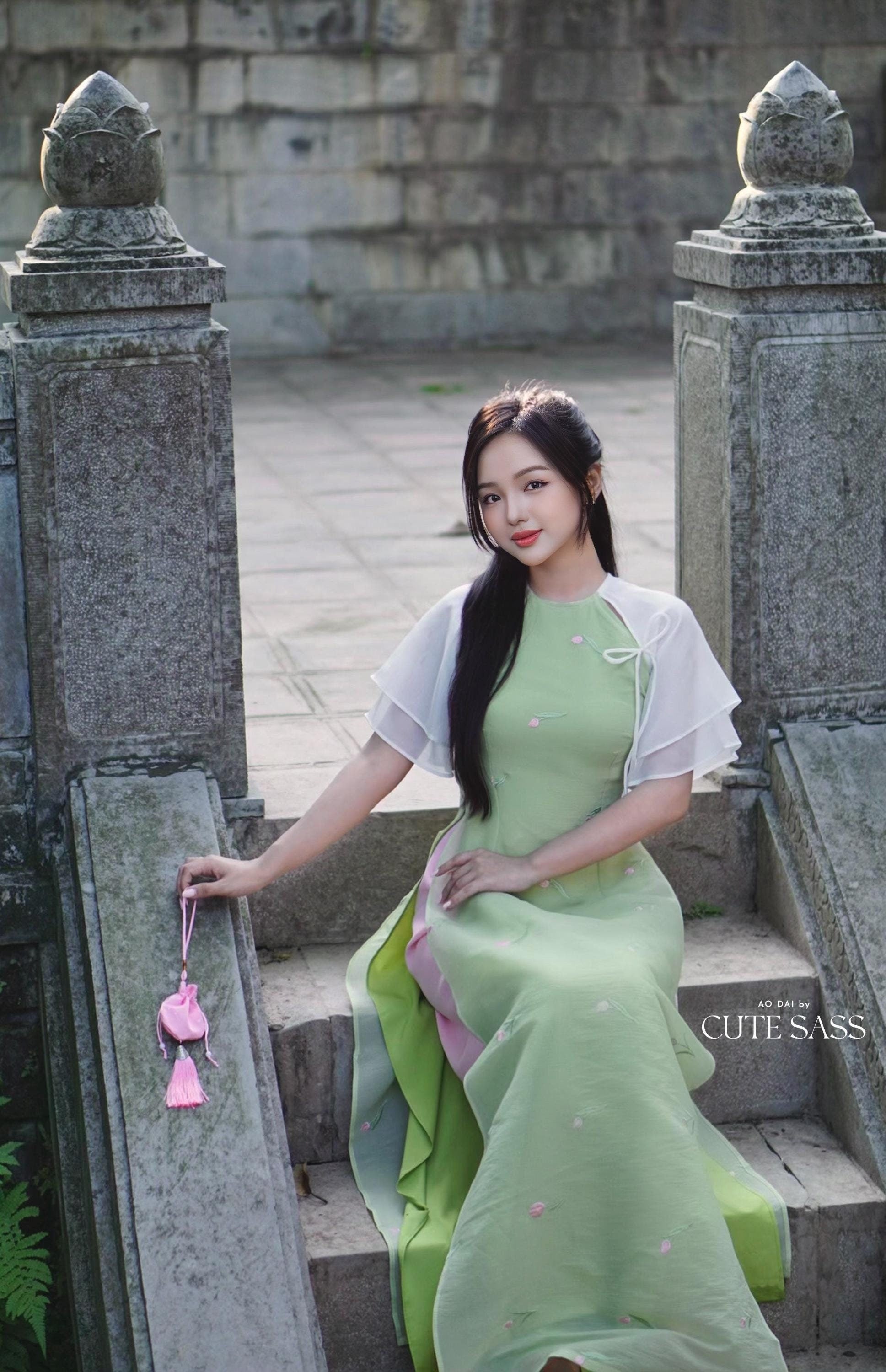 Green Tulip Wing Sleeves Ao Dai Set 27C|Pre-made Modernized Vietnamese Ao Dai| Women Ao Dai with Pants | Lunar New Year| Ao Dai Cach Tan|