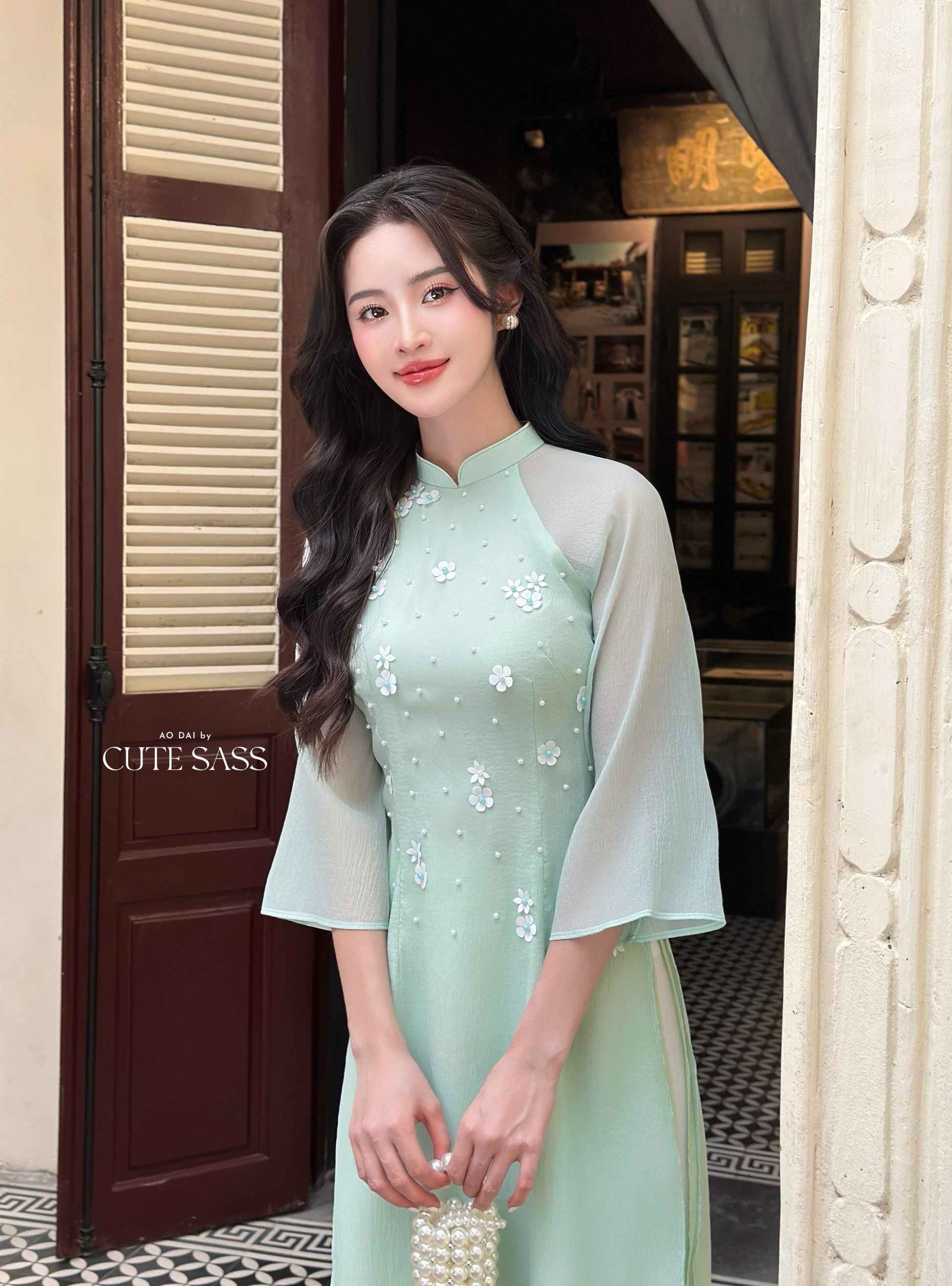 Cyan Sparkle White Daisy Ao Dai Set 17B