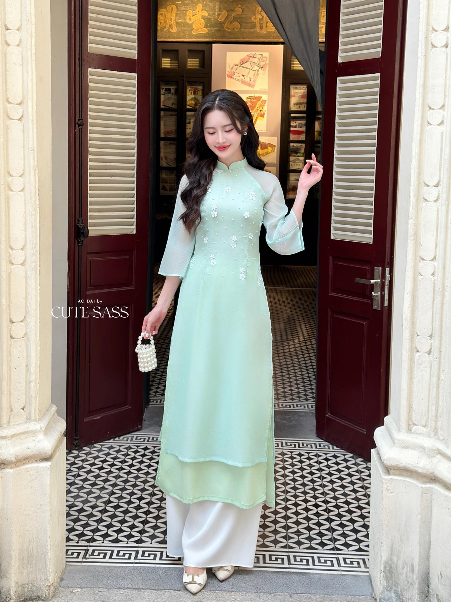 Cyan Sparkle White Daisy Ao Dai Set 17B