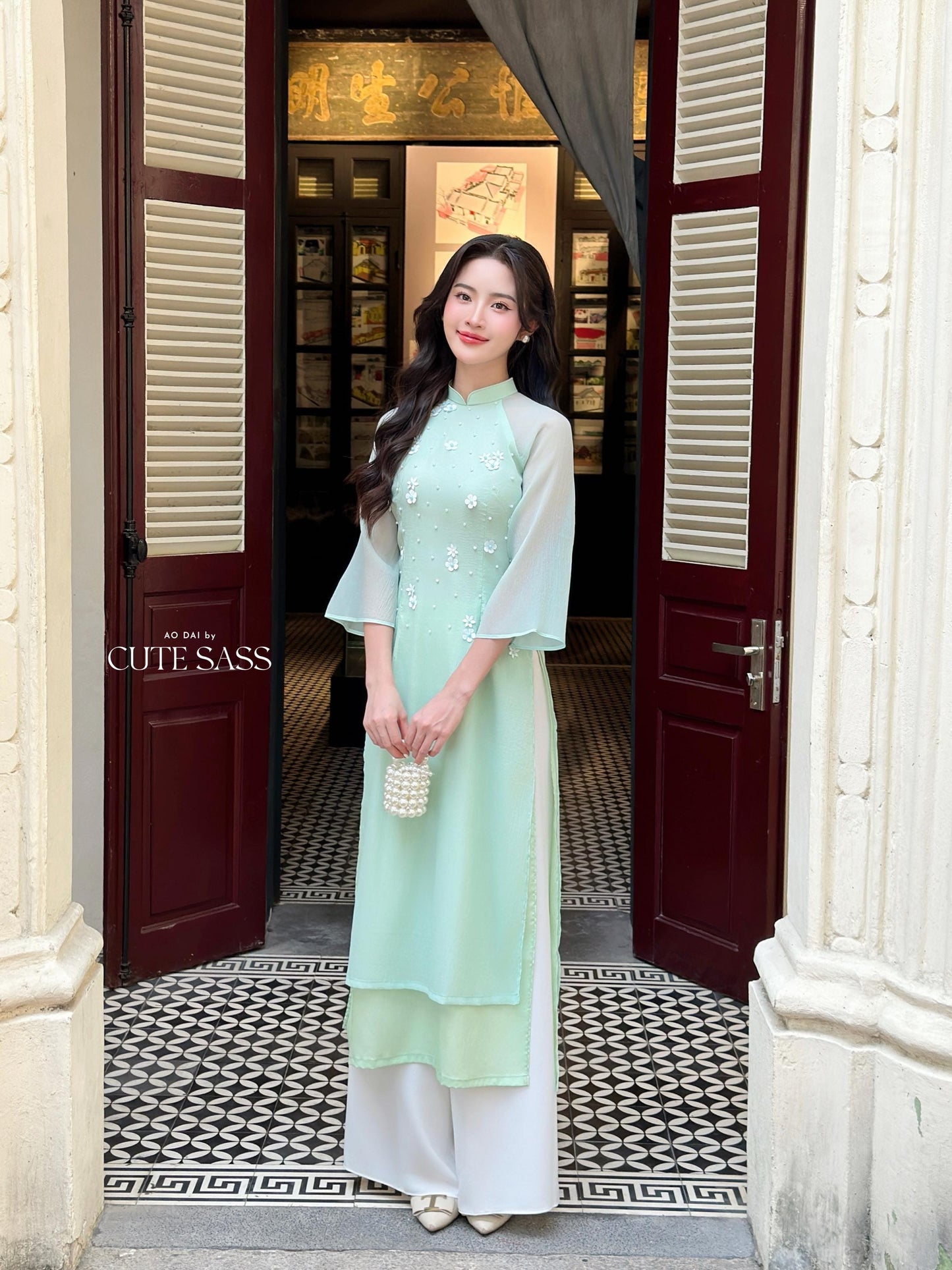 Cyan Sparkle White Daisy Ao Dai Set 17B