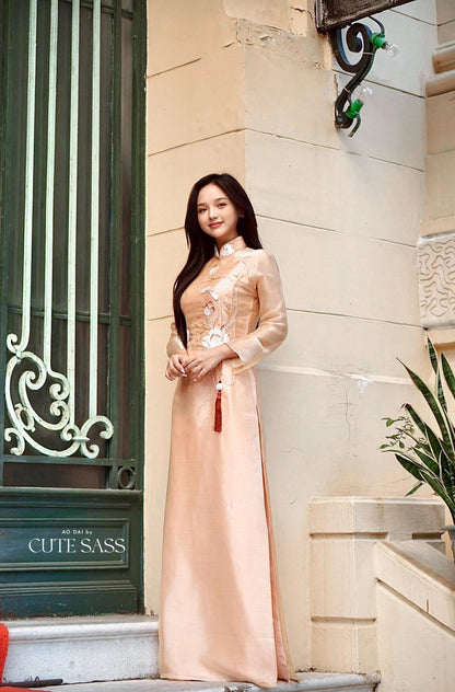 Beige Embroidery Lotus Shiny Chiffon Ao Dai Set