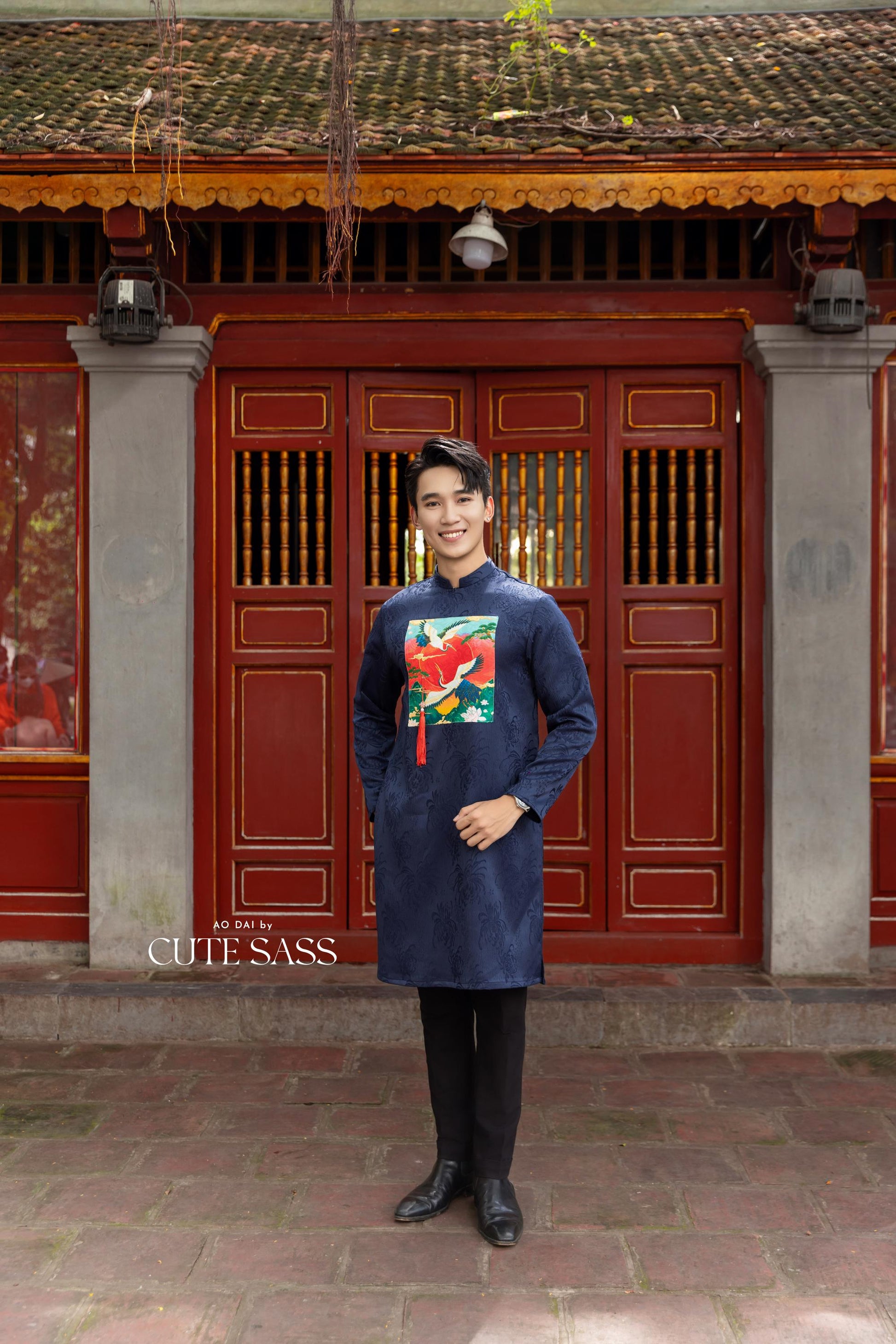 Cat Tuong - Dad and Boy Navy Blue Vibrant Matching Ao Dai Set (No Tassel) | Pre-made Traditional Vietnamese Ao Dai | Lunar New Year