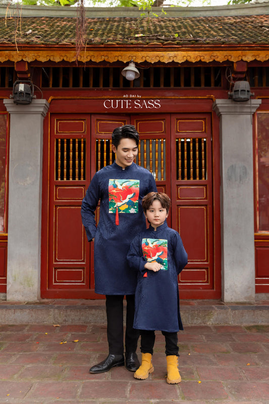 Cat Tuong - Dad and Boy Navy Blue Vibrant Matching Ao Dai Set (No Tassel) | Pre-made Traditional Vietnamese Ao Dai | Lunar New Year