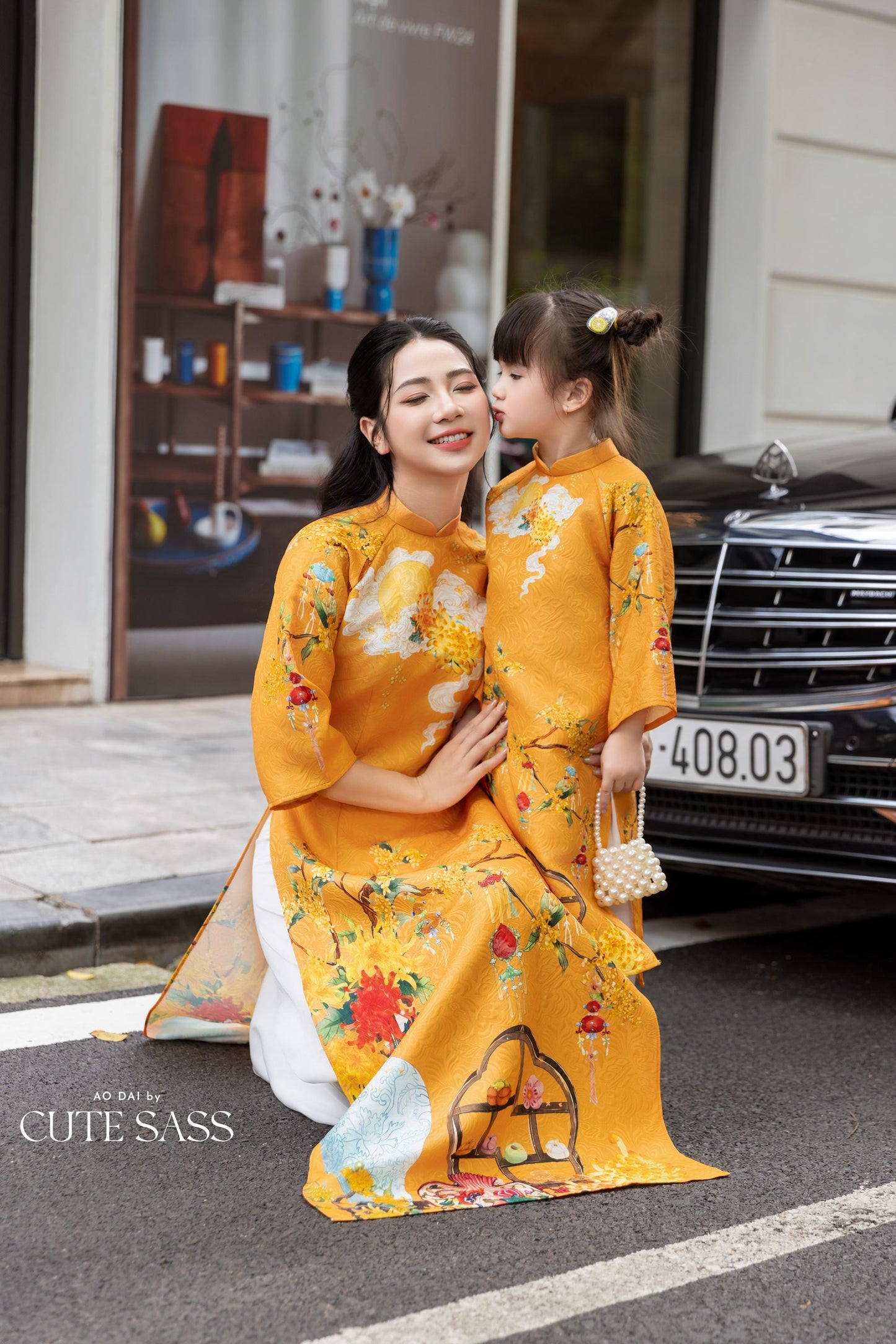 Cat Tuong - Family Red/Mustard Vibrant Matching Ao Dai Set FL| Pre-made Traditional Vietnamese Ao Dai | Lunar New Year