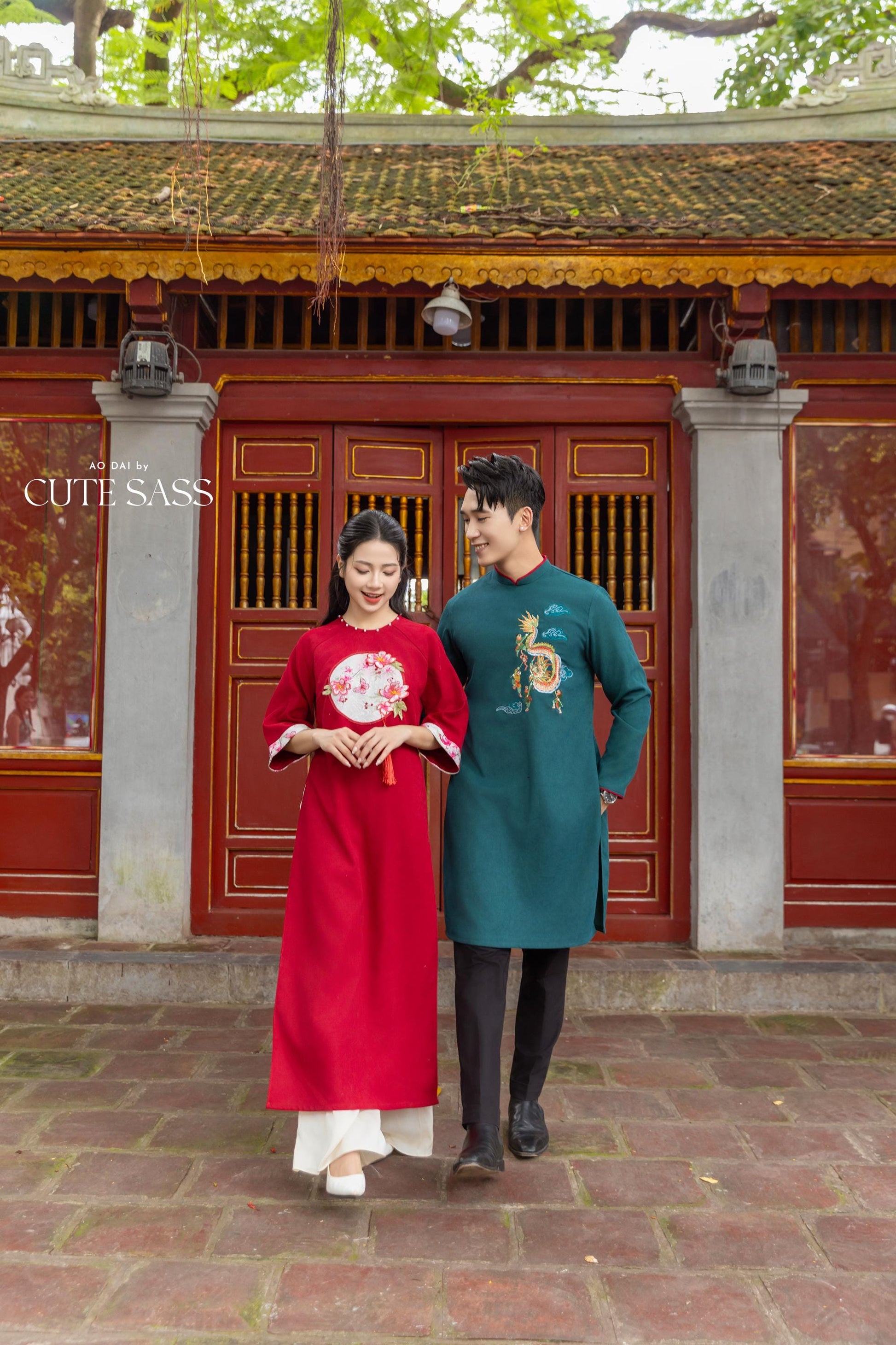 Cat Tuong - Red Moon & Green Dragon Matching Ao Dai Set (No Tassel) FL| Pre-made Traditional Vietnamese Ao Dai | Lunar New Year