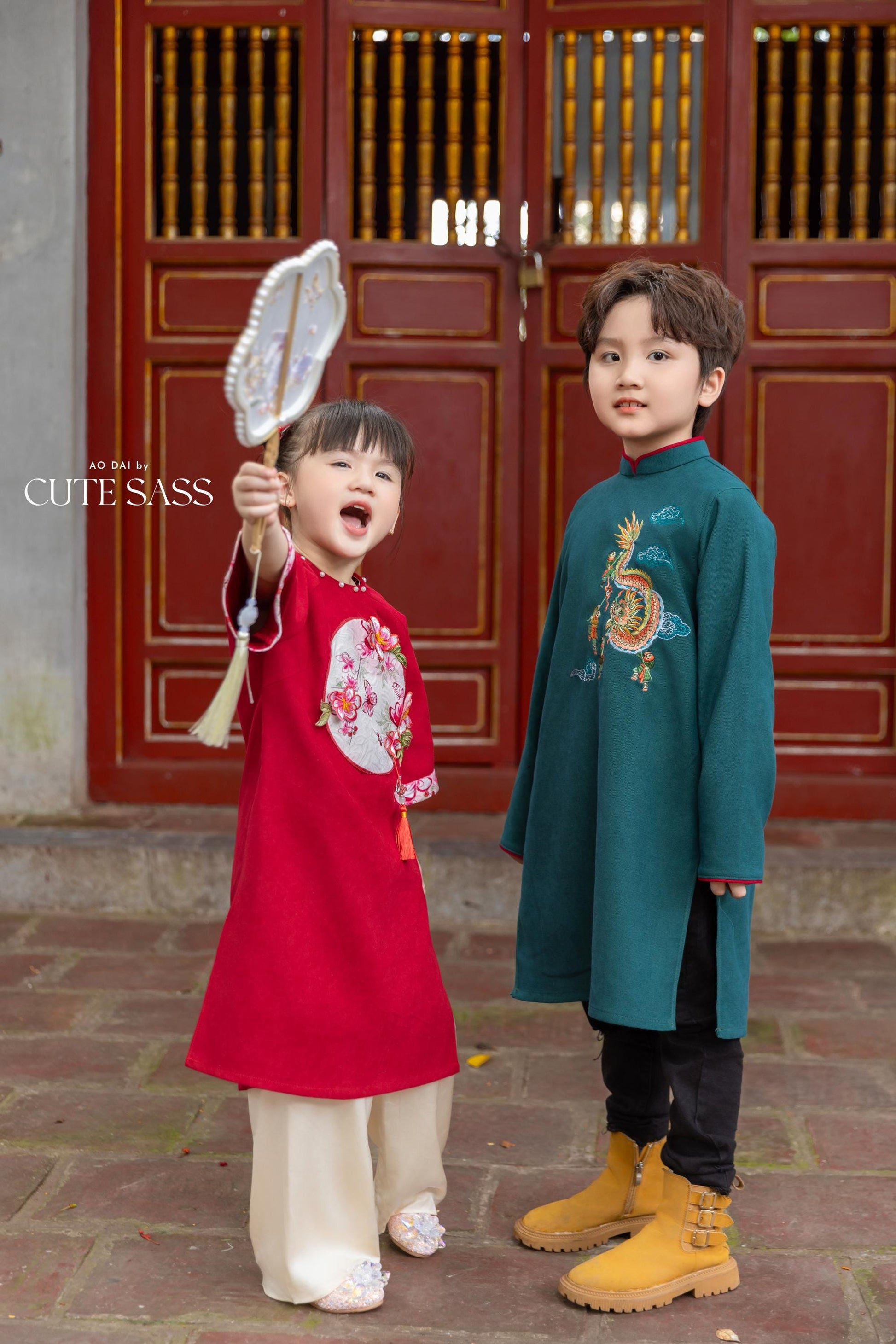 Cat Tuong - Red Moon & Green Dragon Matching Ao Dai Set (No Tassel) FL| Pre-made Traditional Vietnamese Ao Dai | Lunar New Year