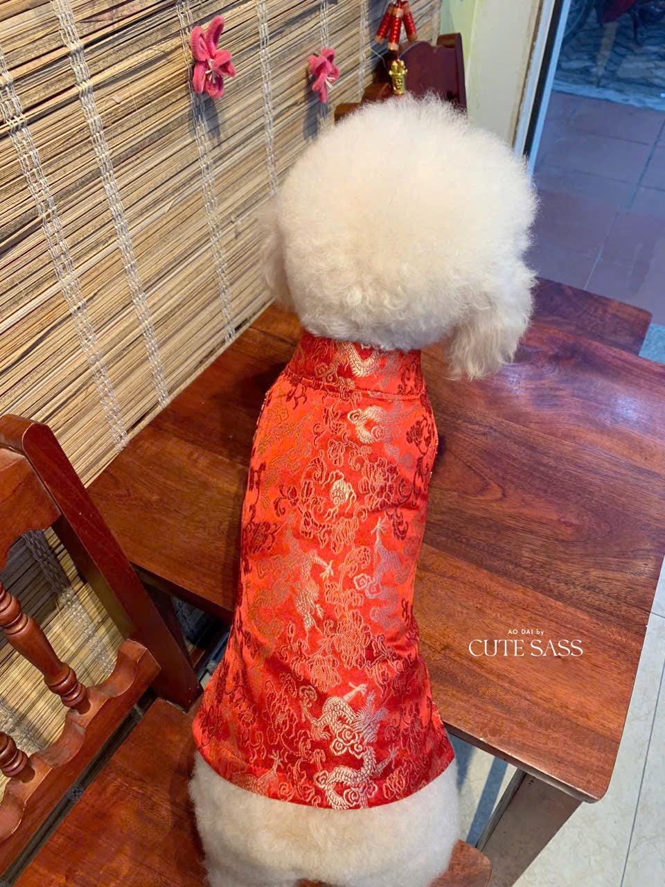 Pet Red Gam Traditional Ao Dai with Khan Dong (Headband) |Vietnamese Pet Outfit|Cute Dog and Cat Ao Dai|Lunar New Year Pet Clothes|