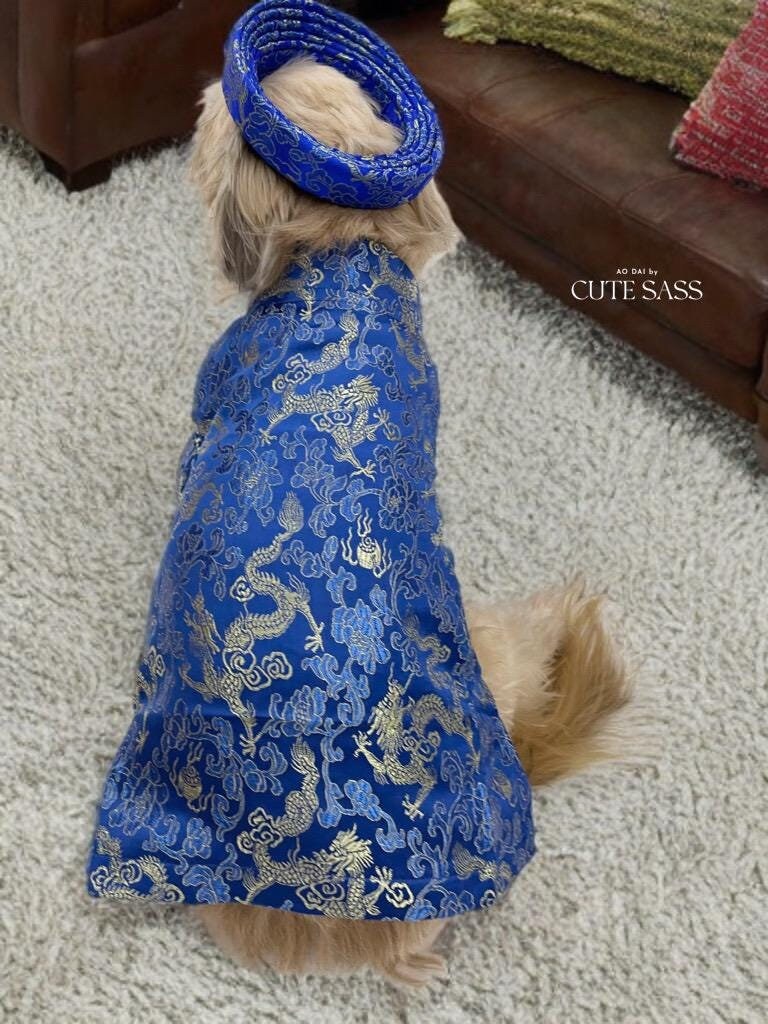 Pet Blue Gam Traditional Ao Dai with Khan Dong (Headband) |Vietnamese Pet Outfit|Cute Dog and Cat Ao Dai|Lunar New Year Pet Clothes|