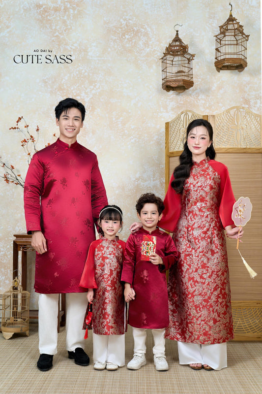 Nhu Y - Family Red/Gold Butterflies Matching Ao Dai Set | Pre-made Traditional Vietnamese Ao Dai | Lunar New Year