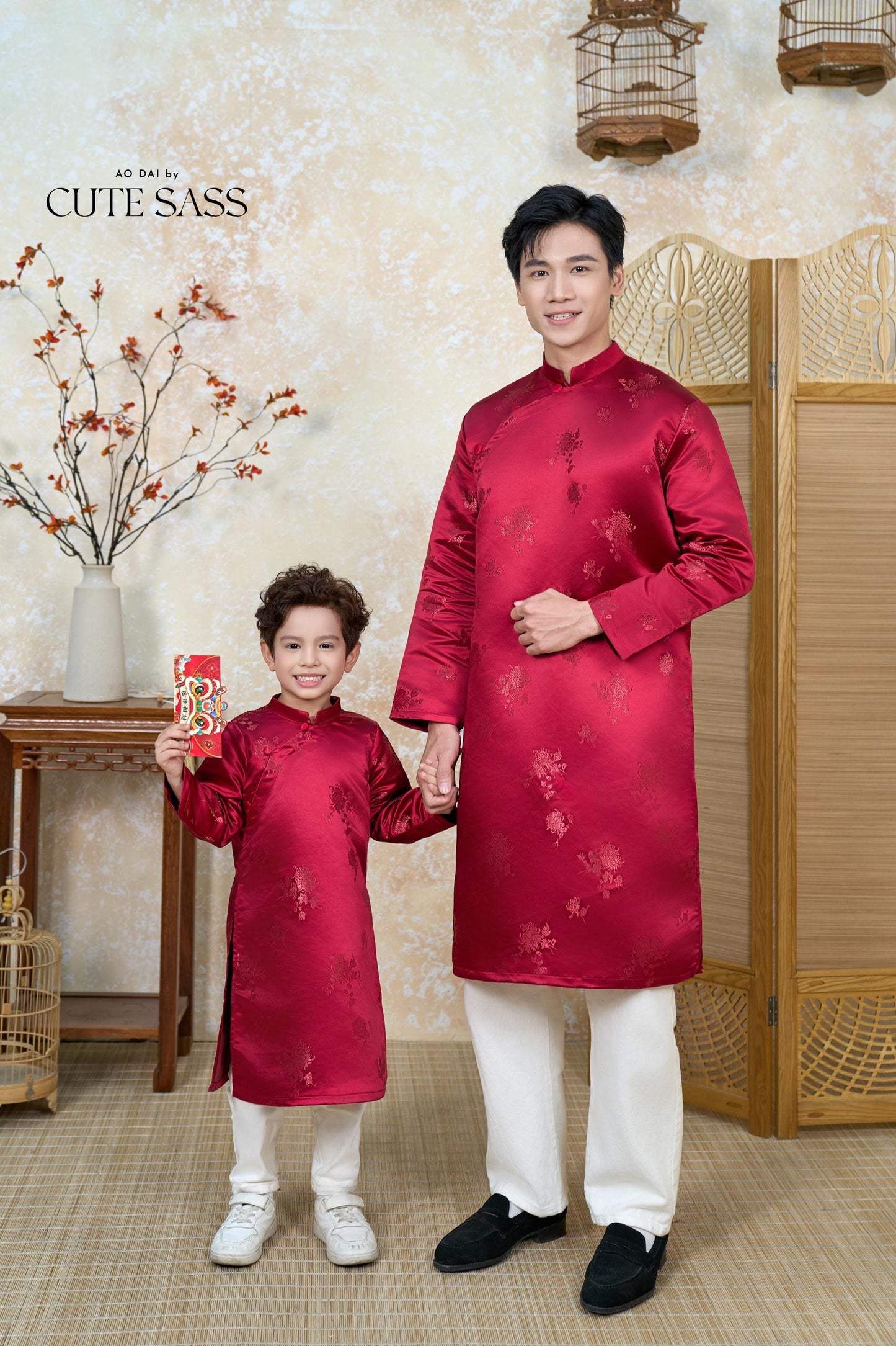 Nhu Y - Family Red/Gold Butterflies Matching Ao Dai Set | Pre-made Traditional Vietnamese Ao Dai | Lunar New Year