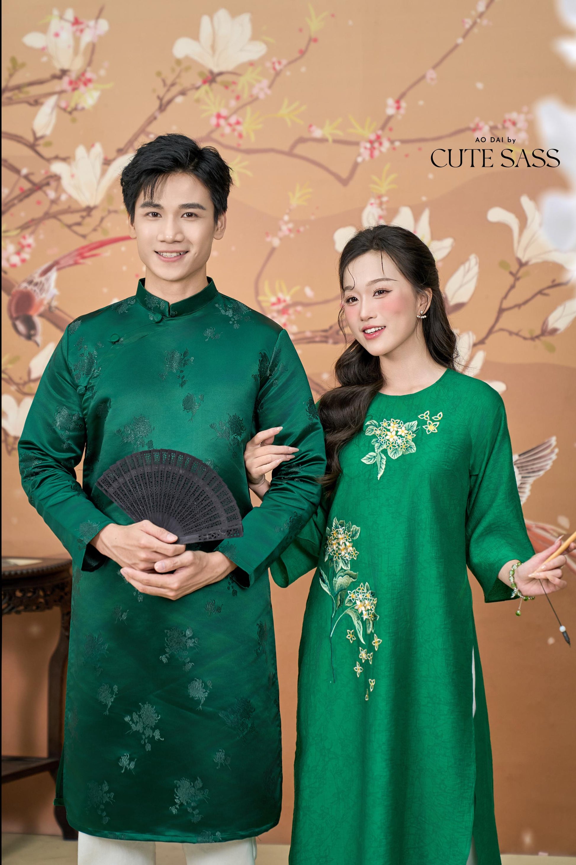 Nhu Y - Family Green Yuki Cherry Blossom Embroidery Matching Ao Dai Set | Pre-made Traditional Vietnamese Ao Dai | Lunar New Year