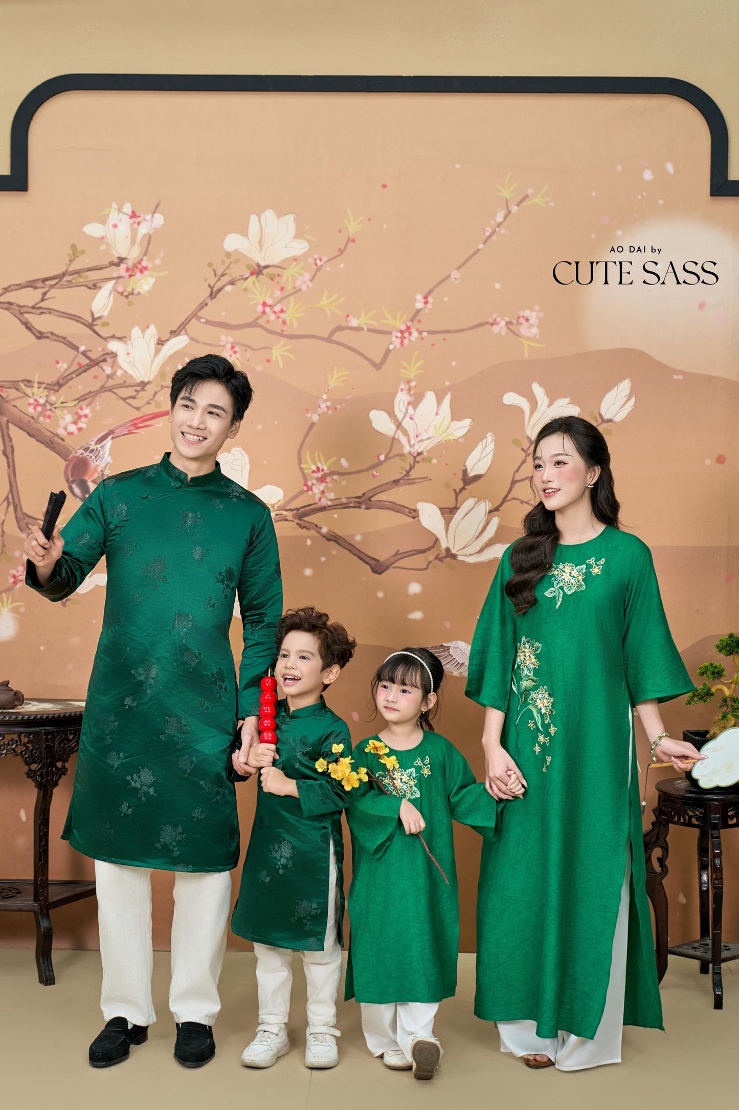 Nhu Y - Family Green Yuki Cherry Blossom Embroidery Matching Ao Dai Set | Pre-made Traditional Vietnamese Ao Dai | Lunar New Year