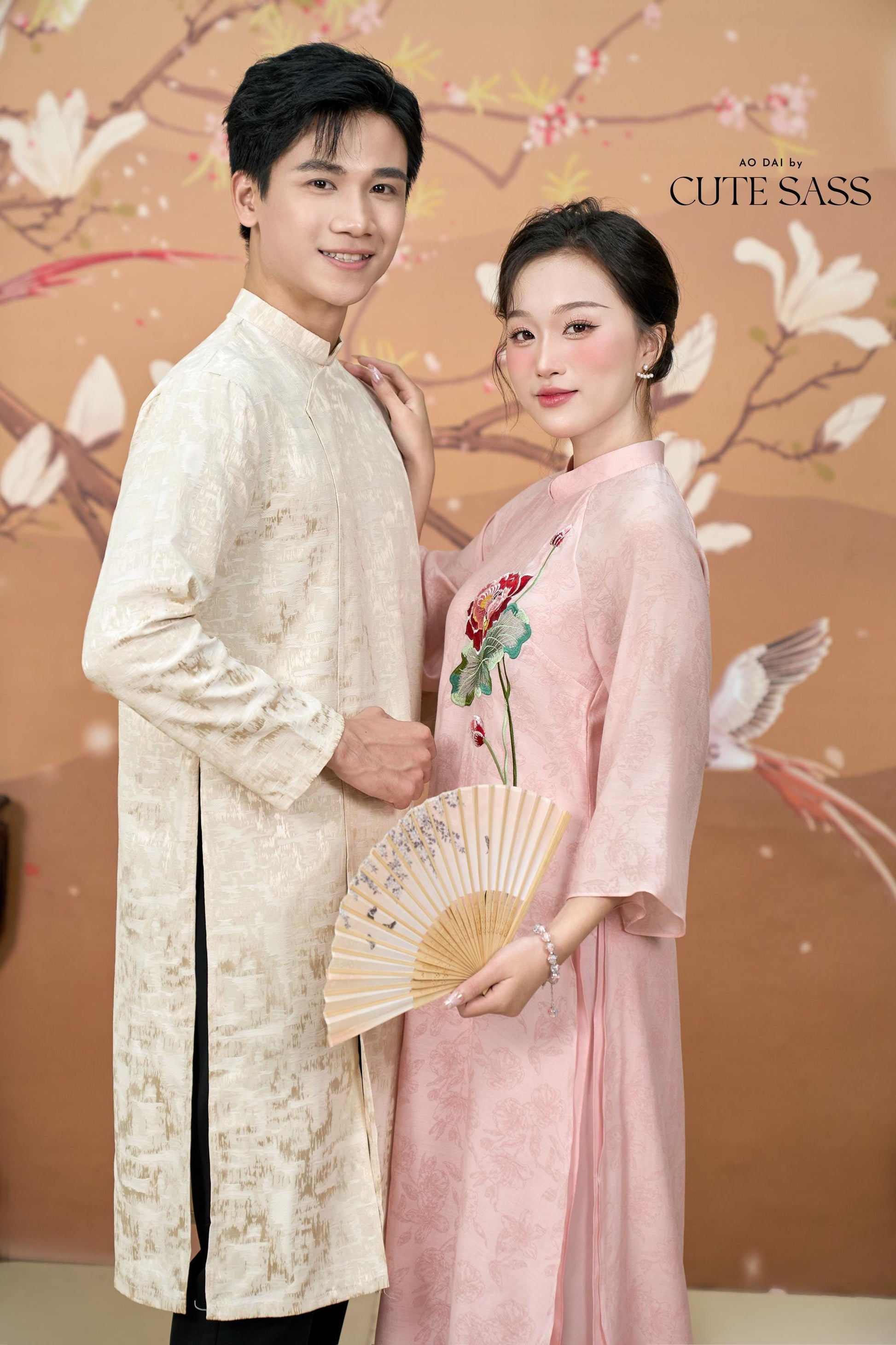 Nhu Y - Family Pink/Cream Lotus Embroidery Matching Ao Dai Set | Pre-made Traditional Vietnamese Ao Dai | Lunar New Year