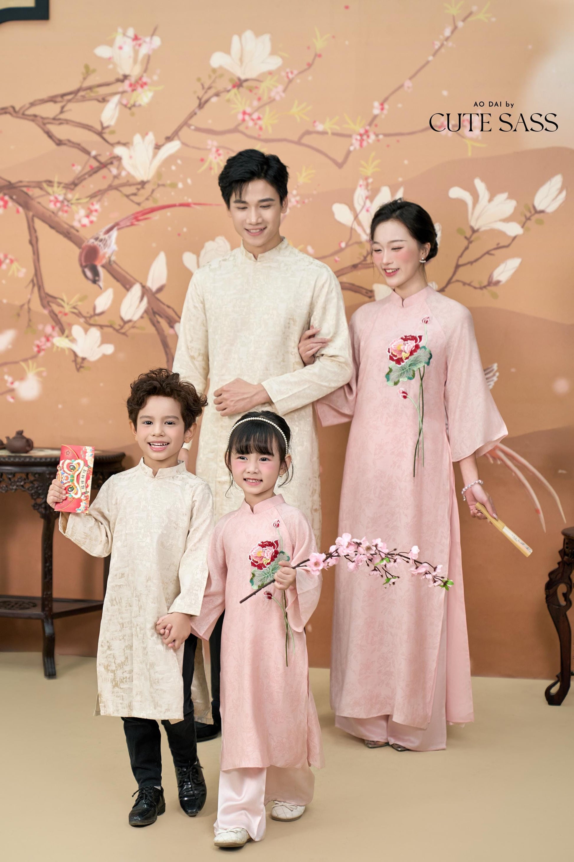 Nhu Y - Family Pink/Cream Lotus Embroidery Matching Ao Dai Set | Pre-made Traditional Vietnamese Ao Dai | Lunar New Year