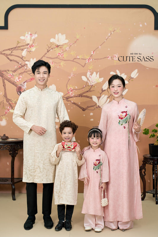 Nhu Y - Family Pink/Cream Lotus Embroidery Matching Ao Dai Set | Pre-made Traditional Vietnamese Ao Dai | Lunar New Year