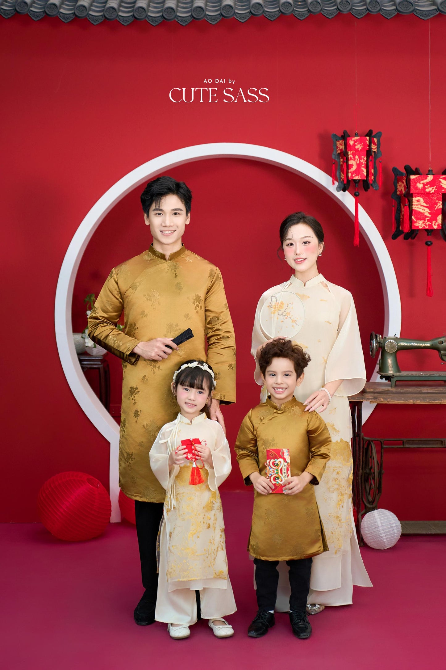 Nhu Y - Family Gold/White Mountain Matching Ao Dai Set | Pre-made Traditional Vietnamese Ao Dai | Lunar New Year