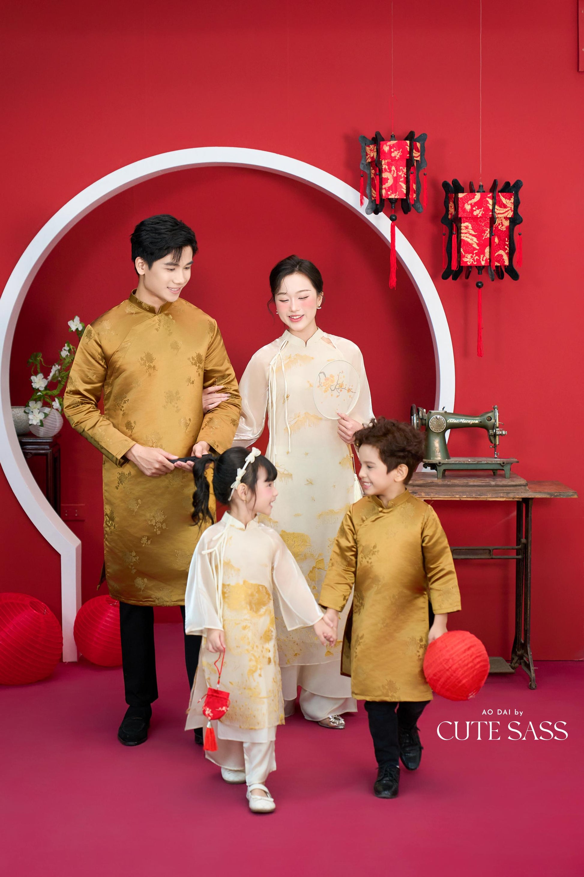 Nhu Y - Family Gold/White Mountain Matching Ao Dai Set | Pre-made Traditional Vietnamese Ao Dai | Lunar New Year