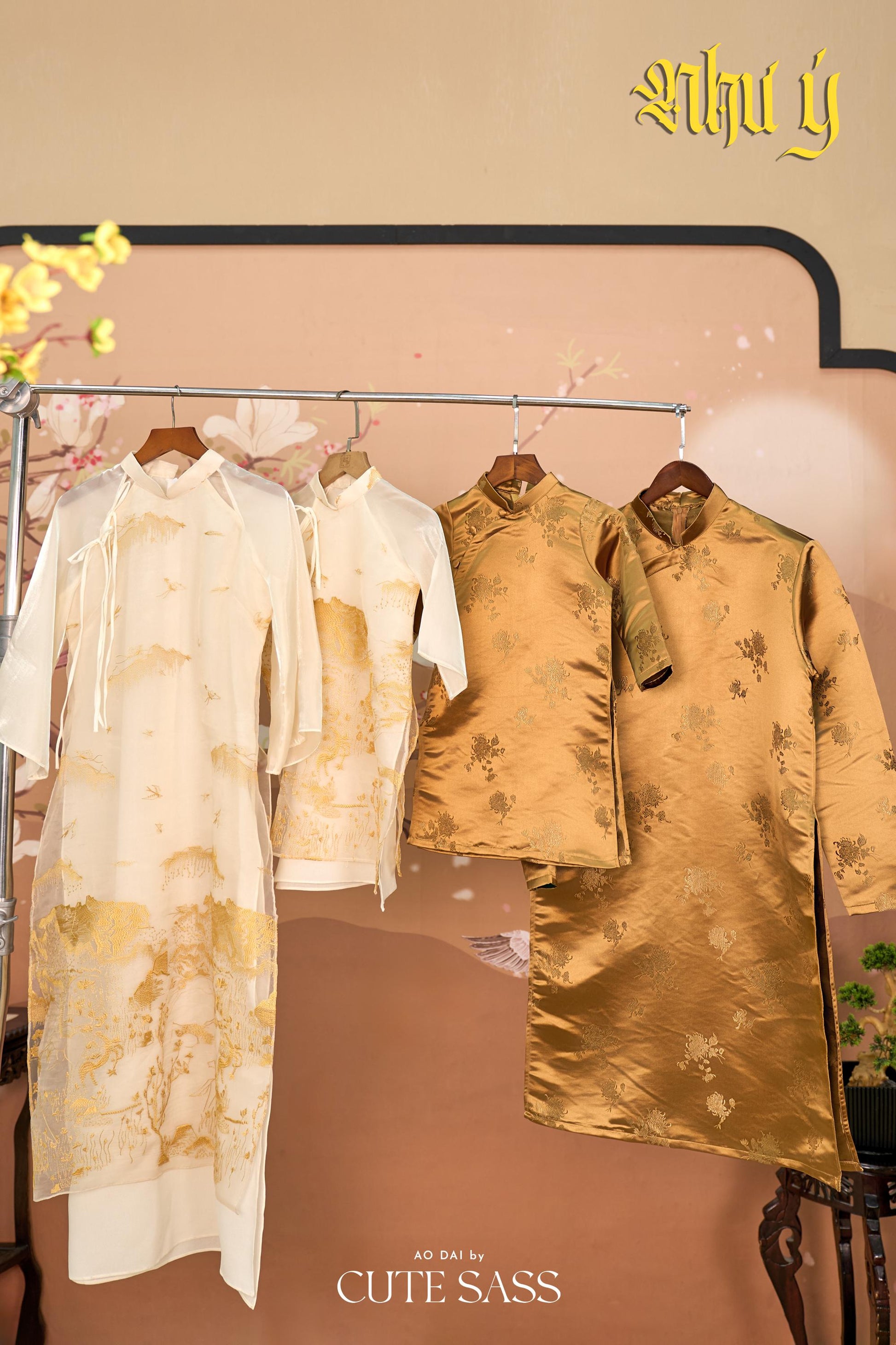 Nhu Y - Family Gold/White Mountain Matching Ao Dai Set | Pre-made Traditional Vietnamese Ao Dai | Lunar New Year