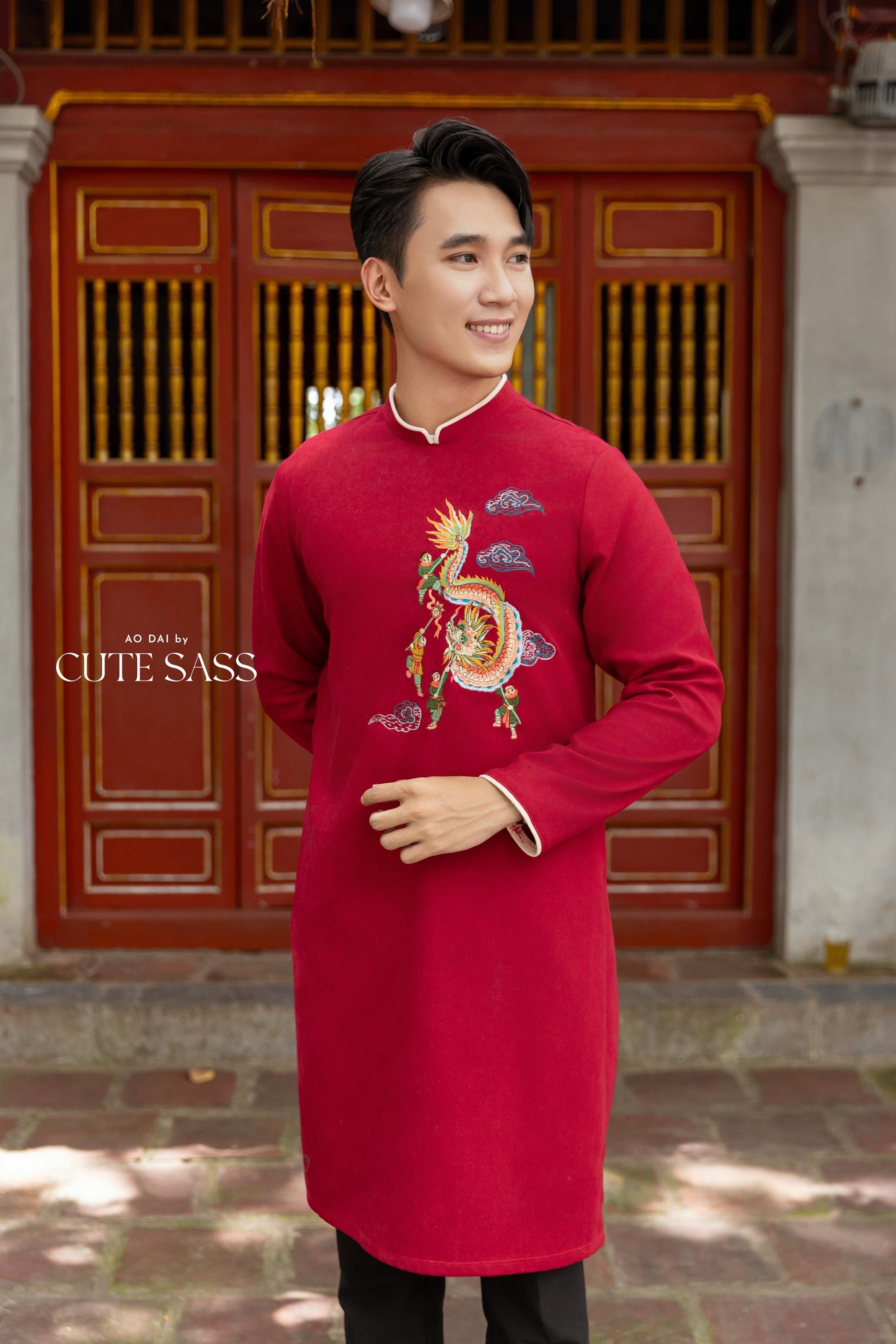 Cat Tuong - Family Cream Moon & Red Dragon Matching Ao Dai Set FL| Pre-made Traditional Vietnamese Ao Dai | Lunar New Year