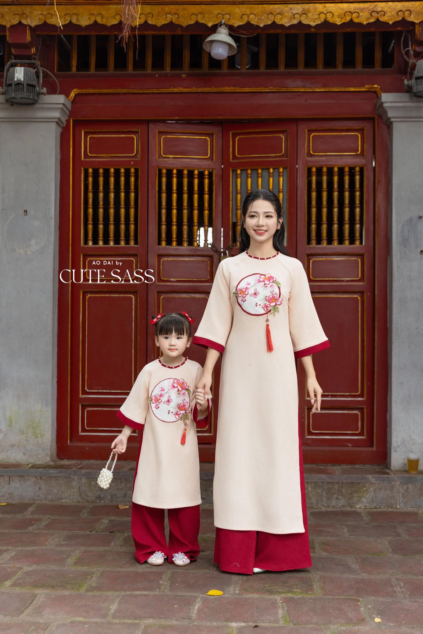 Cat Tuong - Family Cream Moon & Red Dragon Matching Ao Dai Set FL| Pre-made Traditional Vietnamese Ao Dai | Lunar New Year