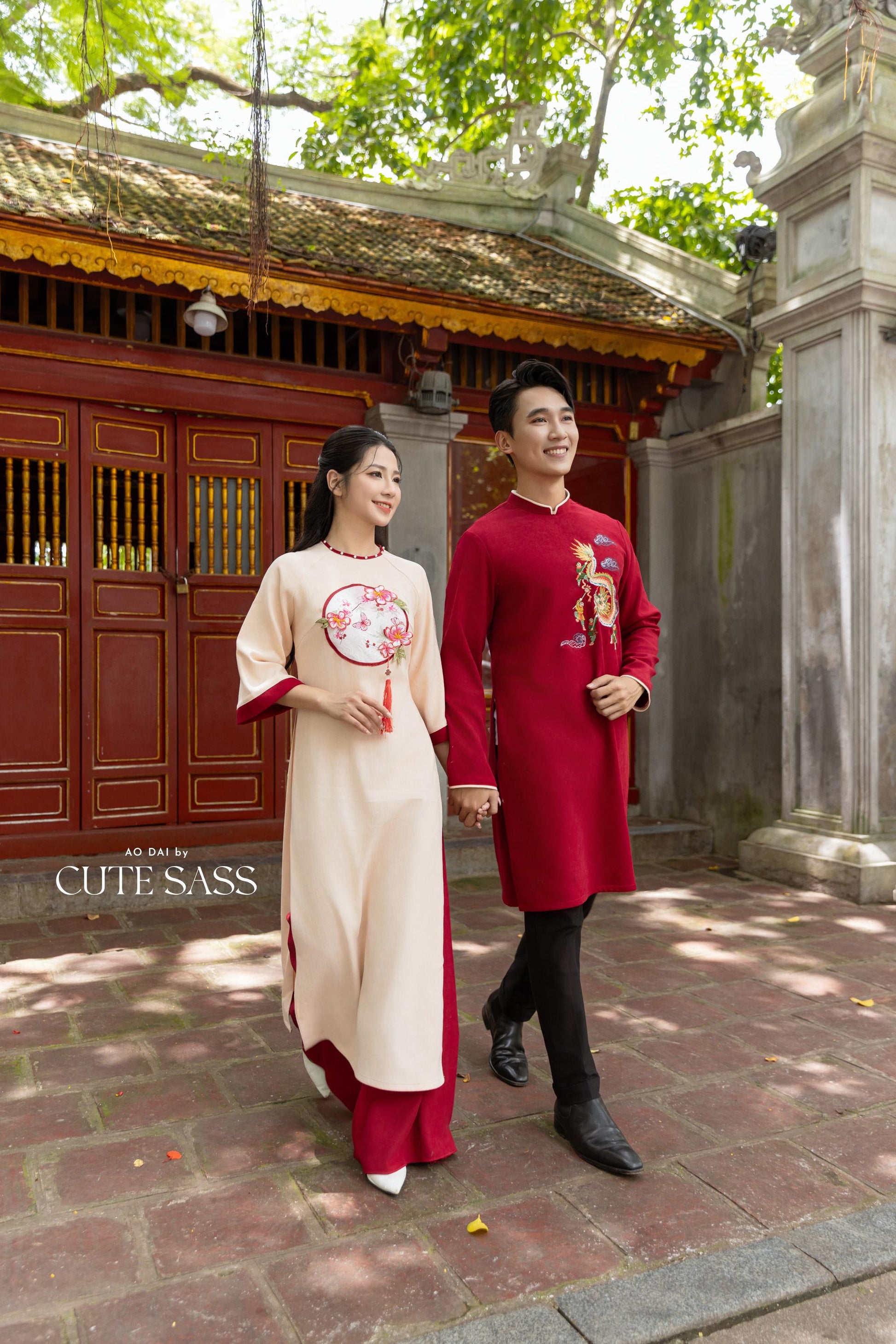 Cat Tuong - Family Cream Moon & Red Dragon Matching Ao Dai Set FL| Pre-made Traditional Vietnamese Ao Dai | Lunar New Year