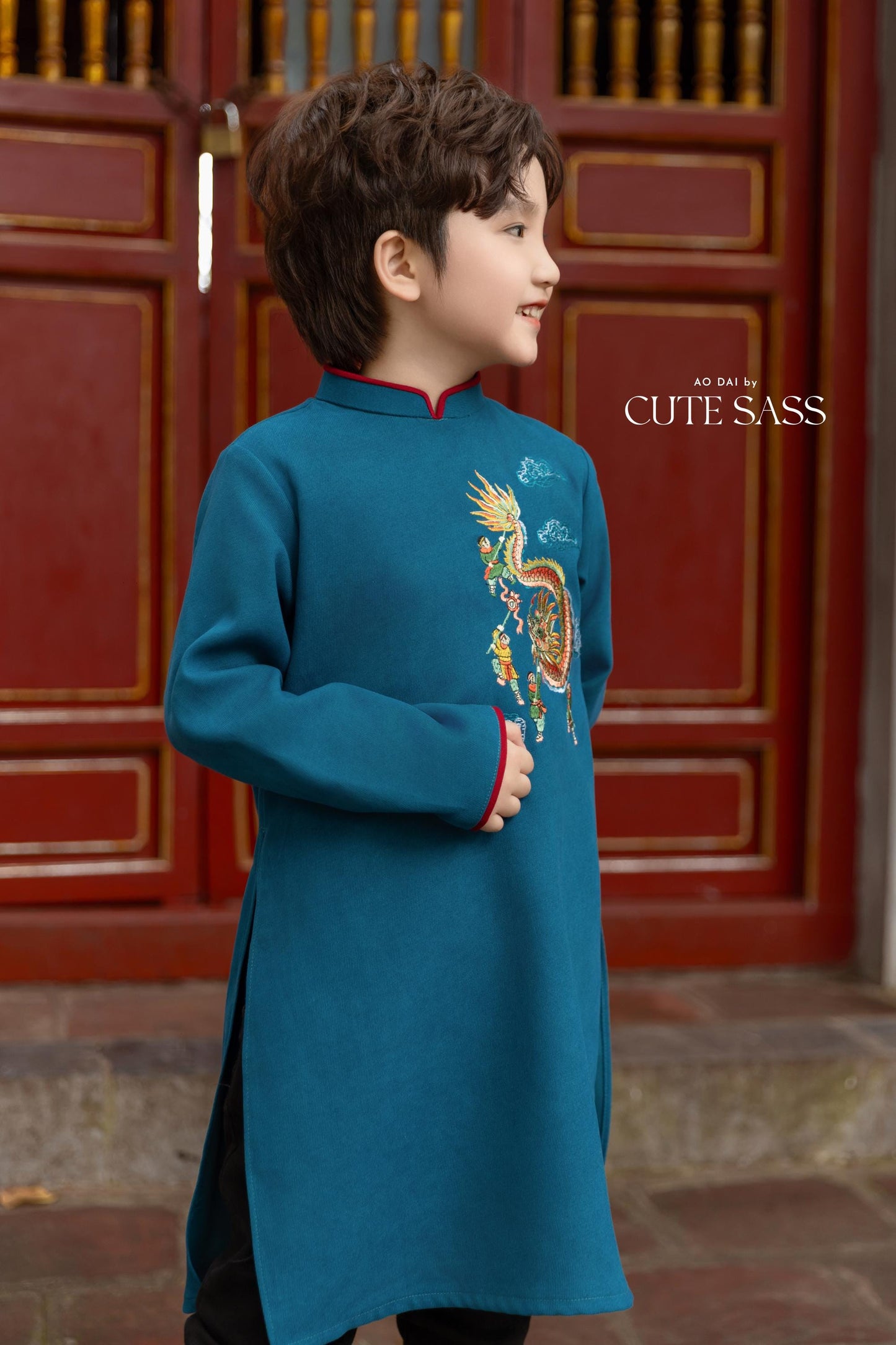 Cat Tuong - Dad and Boy Prussian Blue Dragon Matching Ao Dai | Pre-made Traditional Vietnamese Ao Dai | Lunar New Year