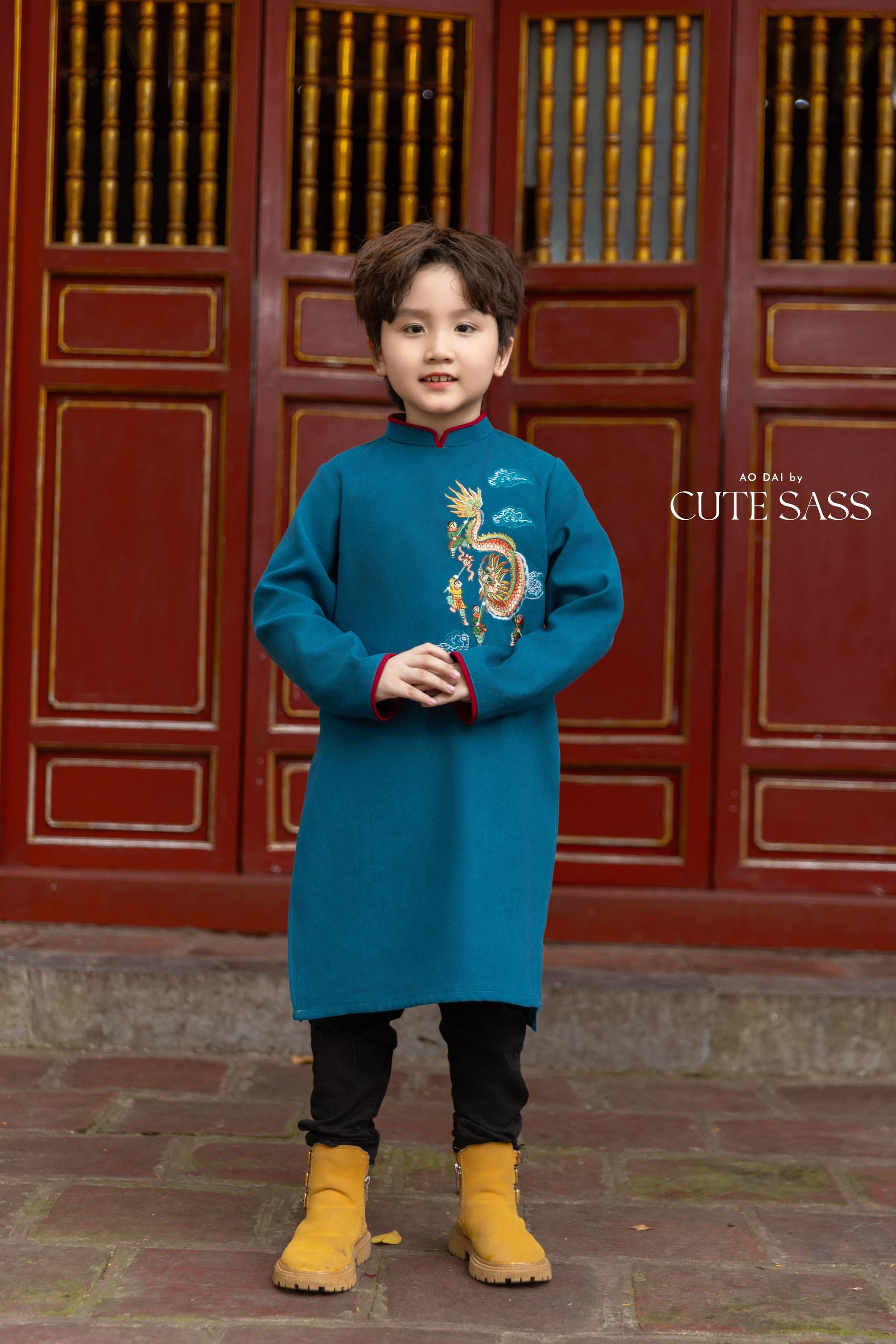 Cat Tuong - Dad and Boy Prussian Blue Dragon Matching Ao Dai | Pre-made Traditional Vietnamese Ao Dai | Lunar New Year