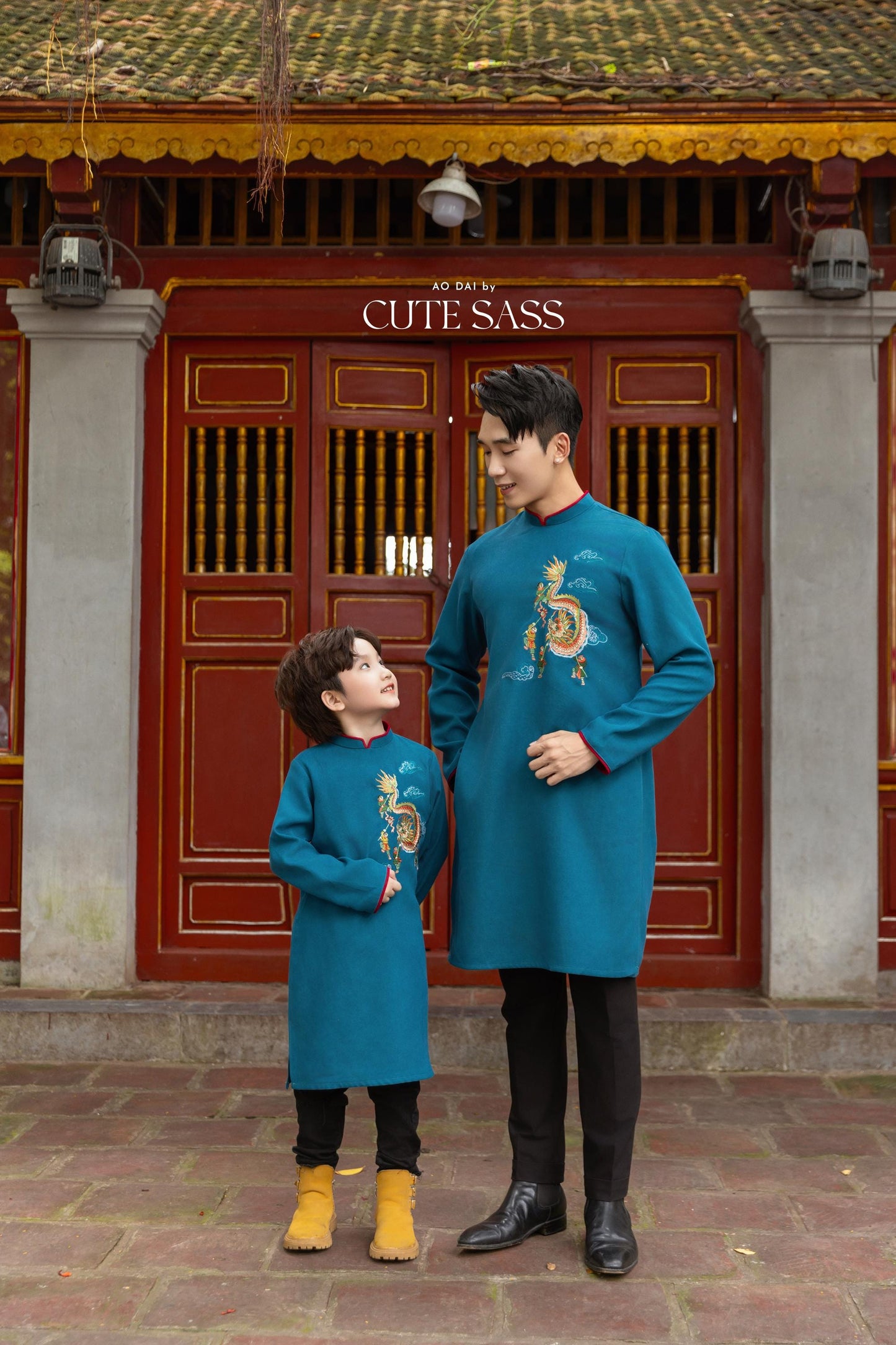 Cat Tuong - Dad and Boy Prussian Blue Dragon Matching Ao Dai | Pre-made Traditional Vietnamese Ao Dai | Lunar New Year