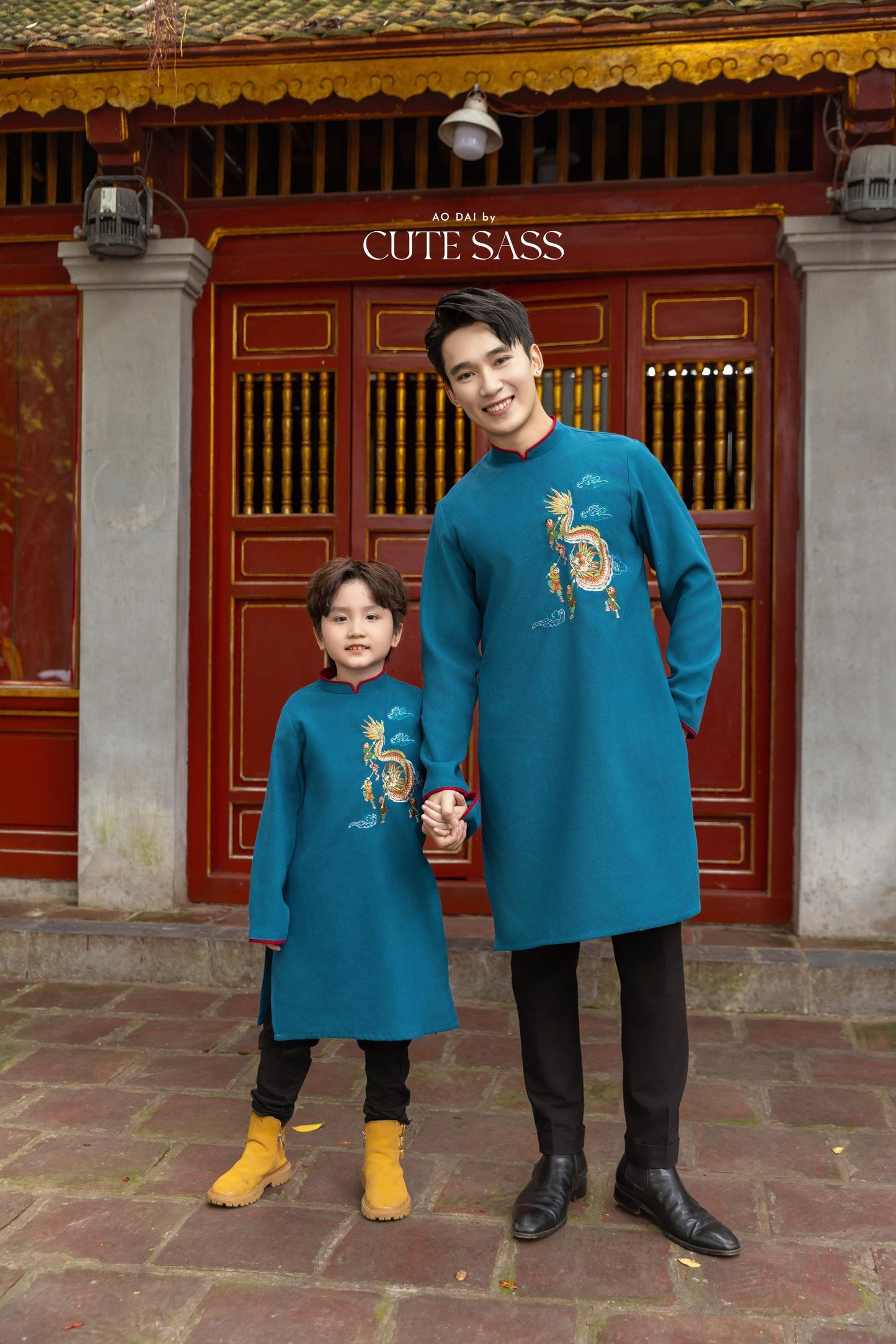 Cat Tuong - Dad and Boy Prussian Blue Dragon Matching Ao Dai | Pre-made Traditional Vietnamese Ao Dai | Lunar New Year